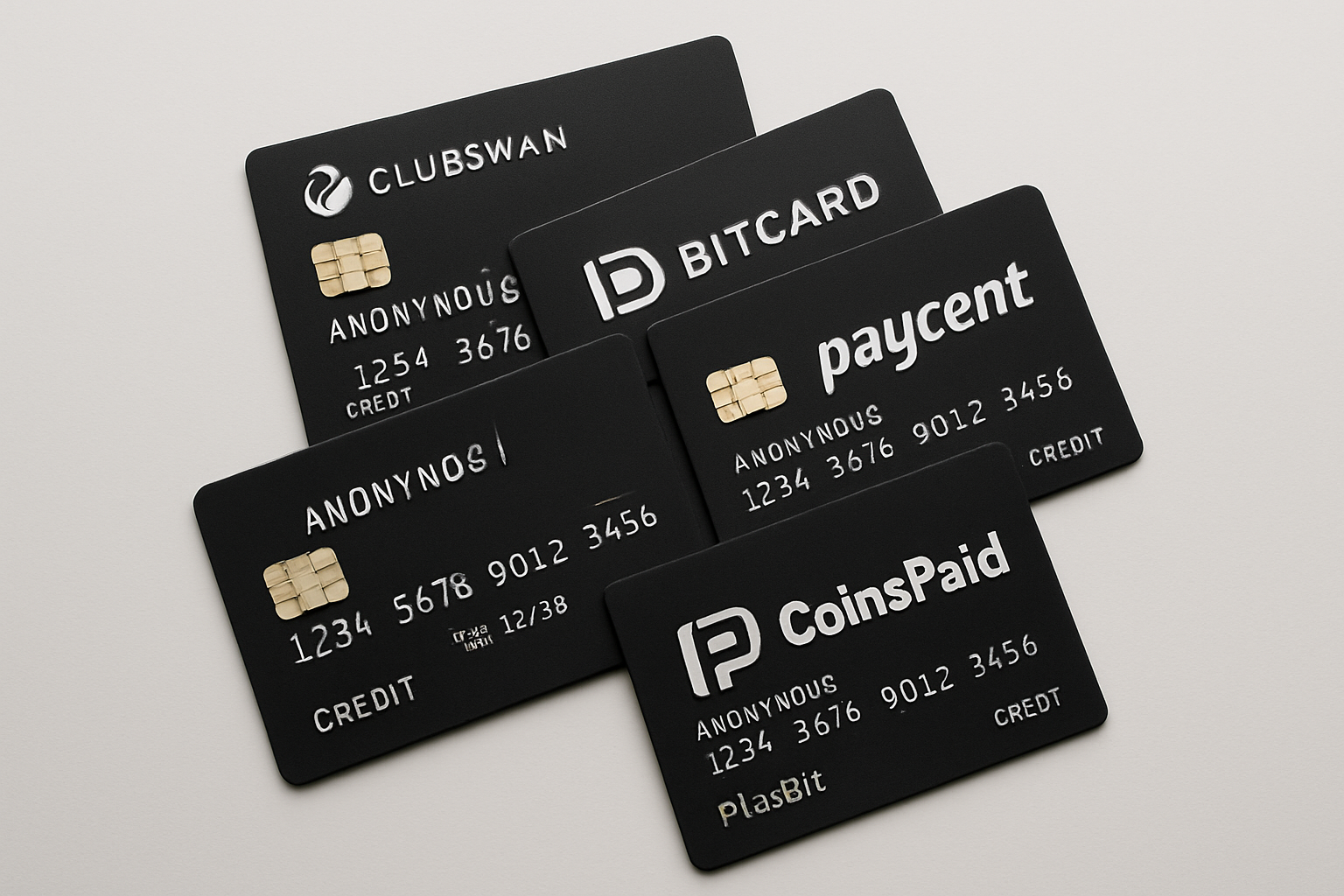 Top 5 anonymous crypto credit cards with no KYC—ClubSwan, BitCard, Paycent, CoinsPaid, PlasBit—fanned out on a minimalist background for privacy-focused users in 2024.