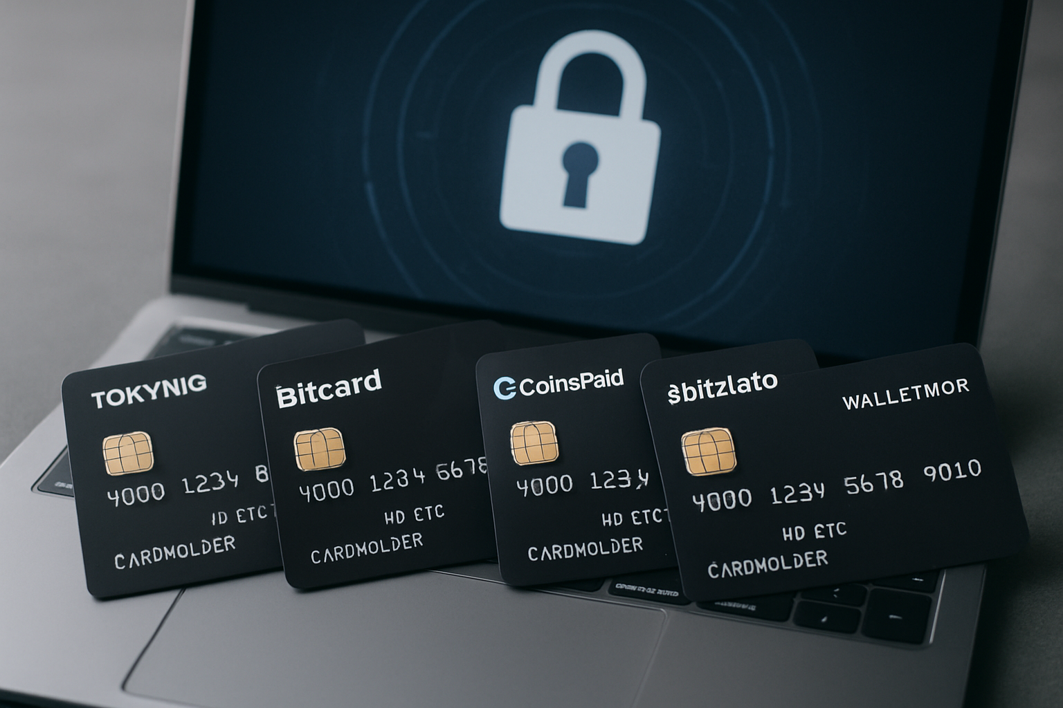Sleek spread of top no-KYC crypto credit cards (Tokyniq, Bitcard, CoinsPaid, Bitzlato, Walletmor) displayed on a laptop, symbolizing anonymous online shopping and digital privacy in 2024.