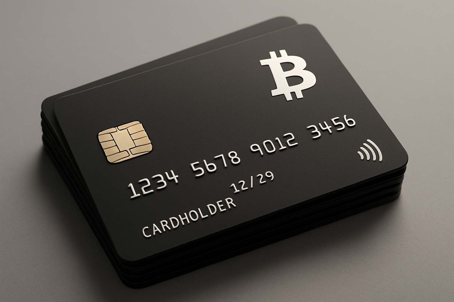Sleek stack of unbranded crypto debit cards symbolizing privacy and anonymity for no-KYC spending in 2025, featuring ClubSwan, Bitpay, Paycent, Uquid, Advcash, and CoinsPaid.
