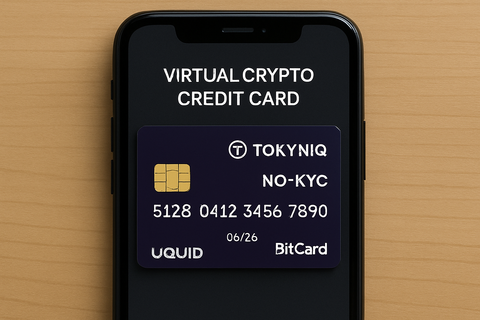 Sleek virtual crypto credit card displayed on a smartphone, representing anonymous no-KYC spending options like Tokyniq, BitCard, and UQUID in 2024.