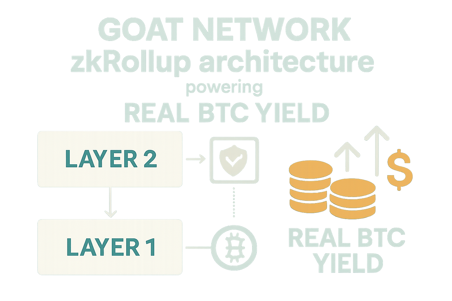 Sleek visualization of GOAT Network zkRollup architecture enabling real Bitcoin yield through decentralized DeFi applications
