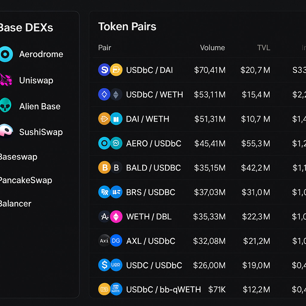 Dashboard interface displaying Aerodrome, Uniswap (Base), Alien Base DEX, SushiSwap (Base), Baseswap, PancakeSwap (Base), and Balancer (Base) with token pairs on Base network