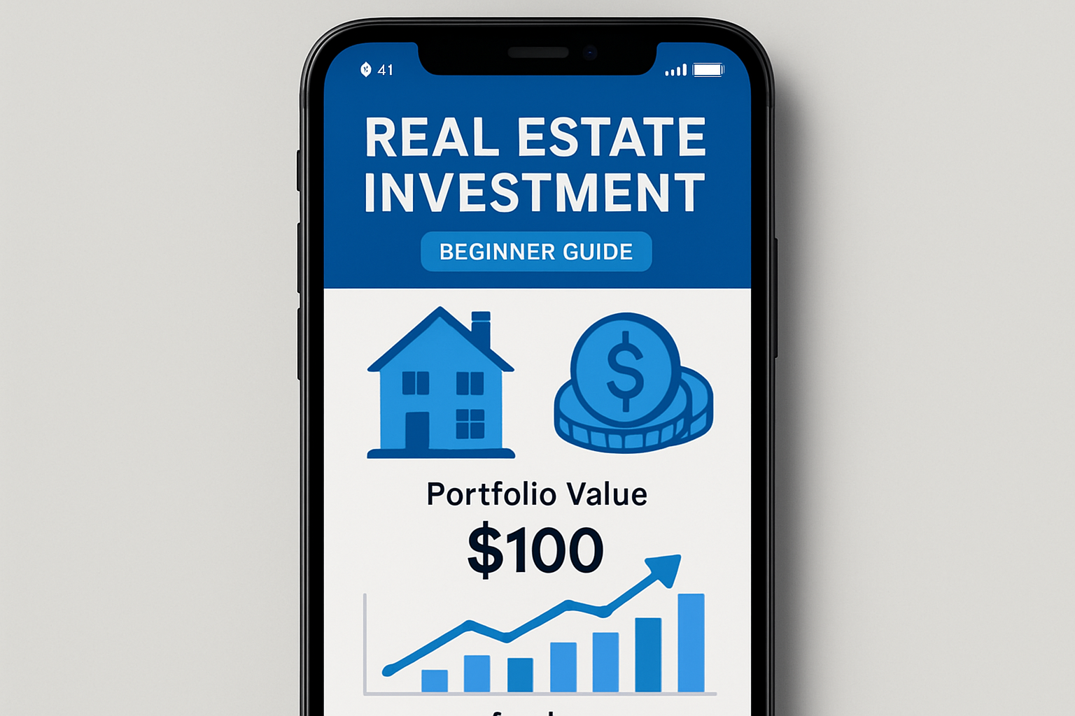 Smartphone showing tokenized real estate investment dashboard with $100 entry point highlighted, representing step-by-step guide for beginners