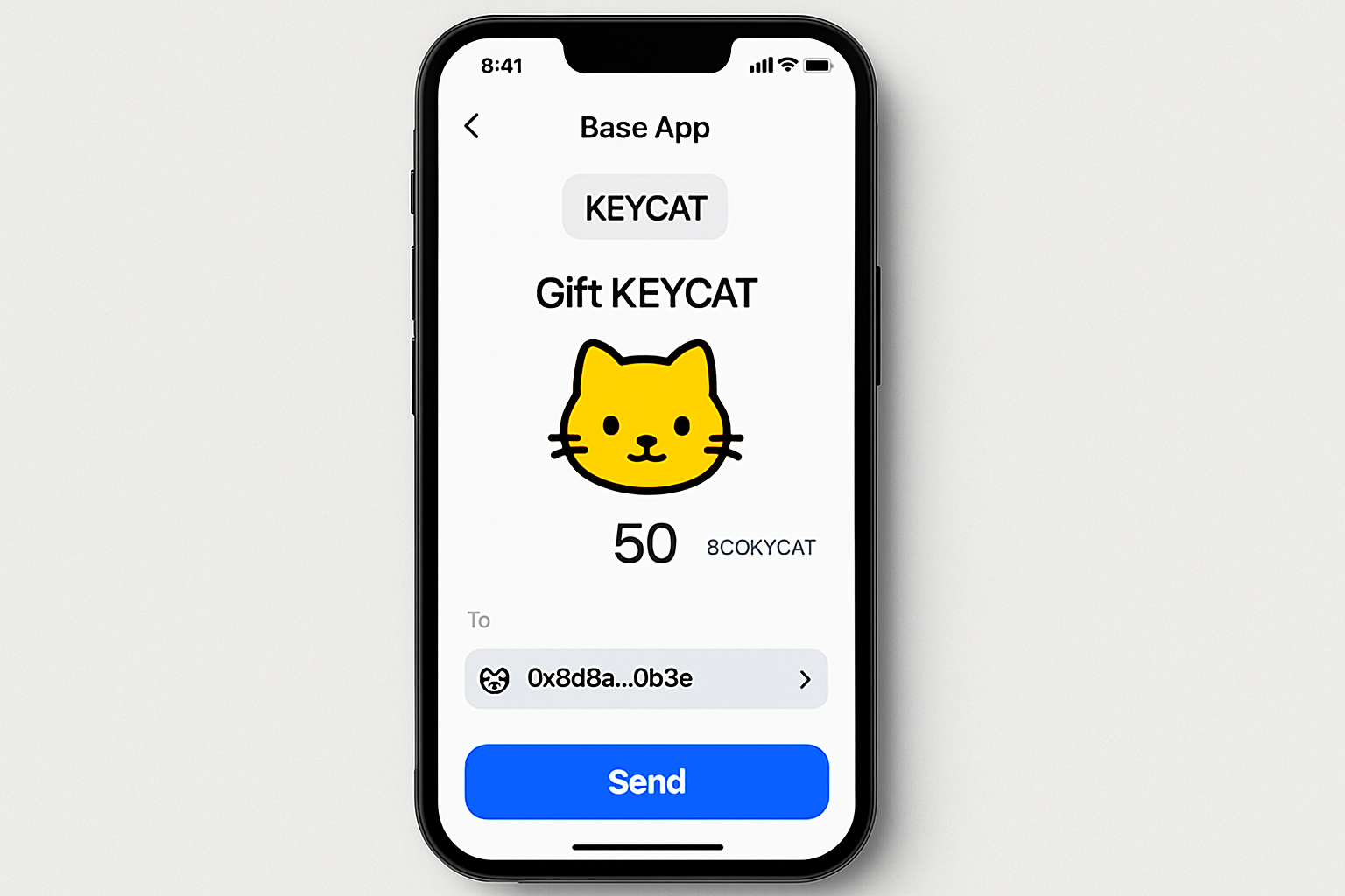 Smartphone showing Base App interface with KEYCAT token gifting feature highlighted