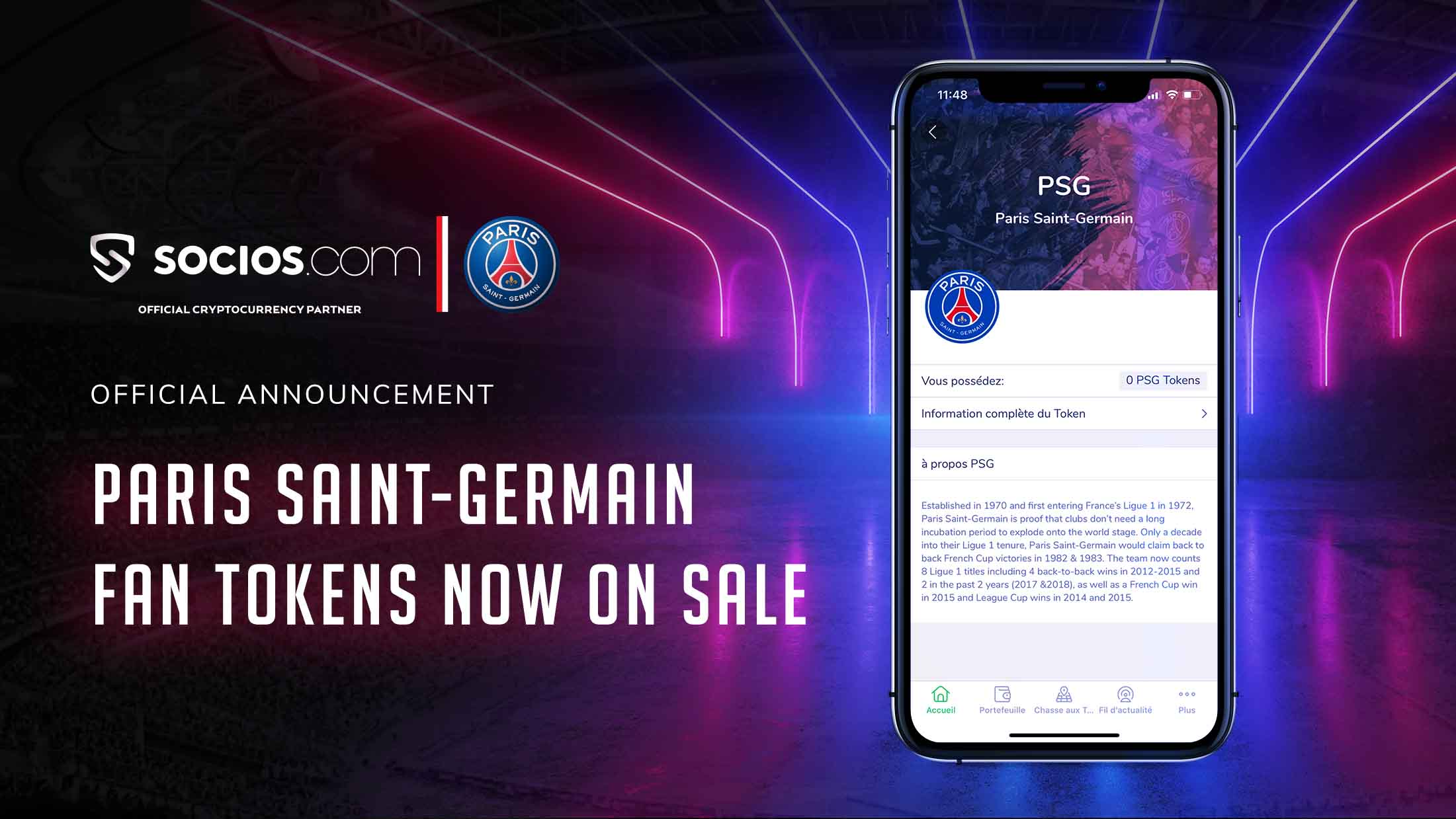 Smartphone displaying the Socios.com app with PSG and Barcelona (BAR) soccer fan tokens visible, illustrating step-by-step guide to buying fan tokens for beginners.