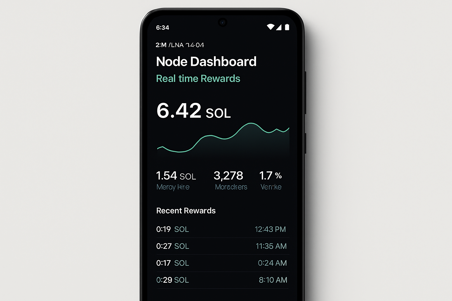Solana Saga phone showing a decentralized node dashboard with real-time crypto rewards on screen