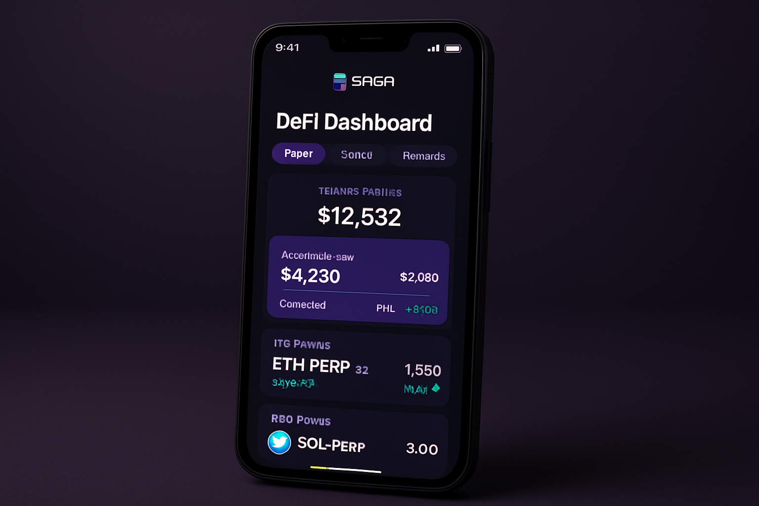 Solana Saga smartphone displaying a colorful DeFi dashboard with highlighted sections for perpetual contracts, token swaps, and rewards, showcasing mobile-native decentralized finance features.