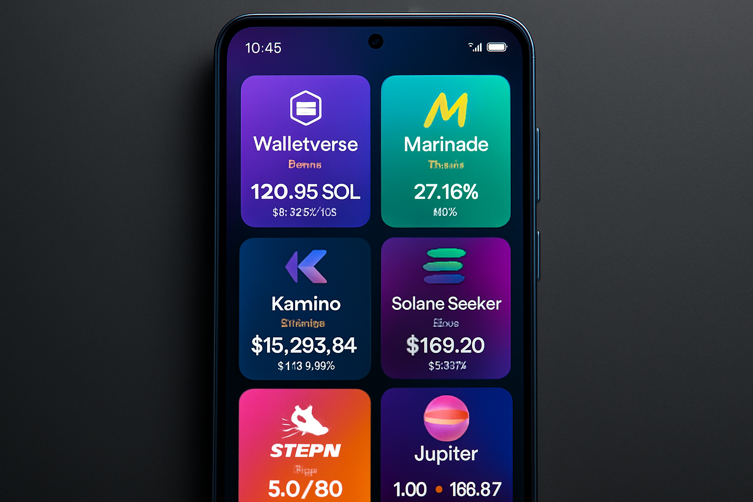 Solana Saga mobile phone displaying Walletverse, Marinade Finance, Kamino Finance, Solana Seeker, STEPN, and Jupiter DeFi apps with vibrant user interfaces in 2025