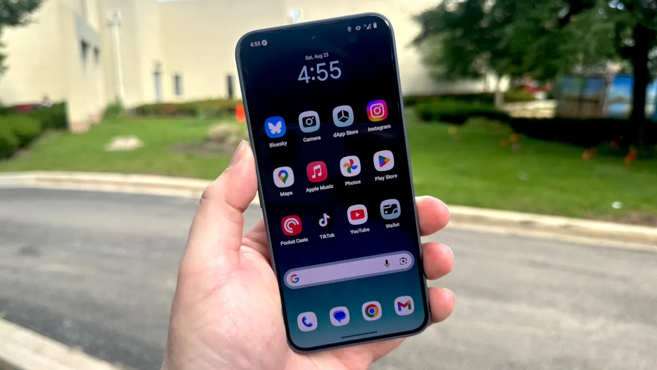 Solana Saga phone displaying Phantom Wallet home screen for managing Solana assets