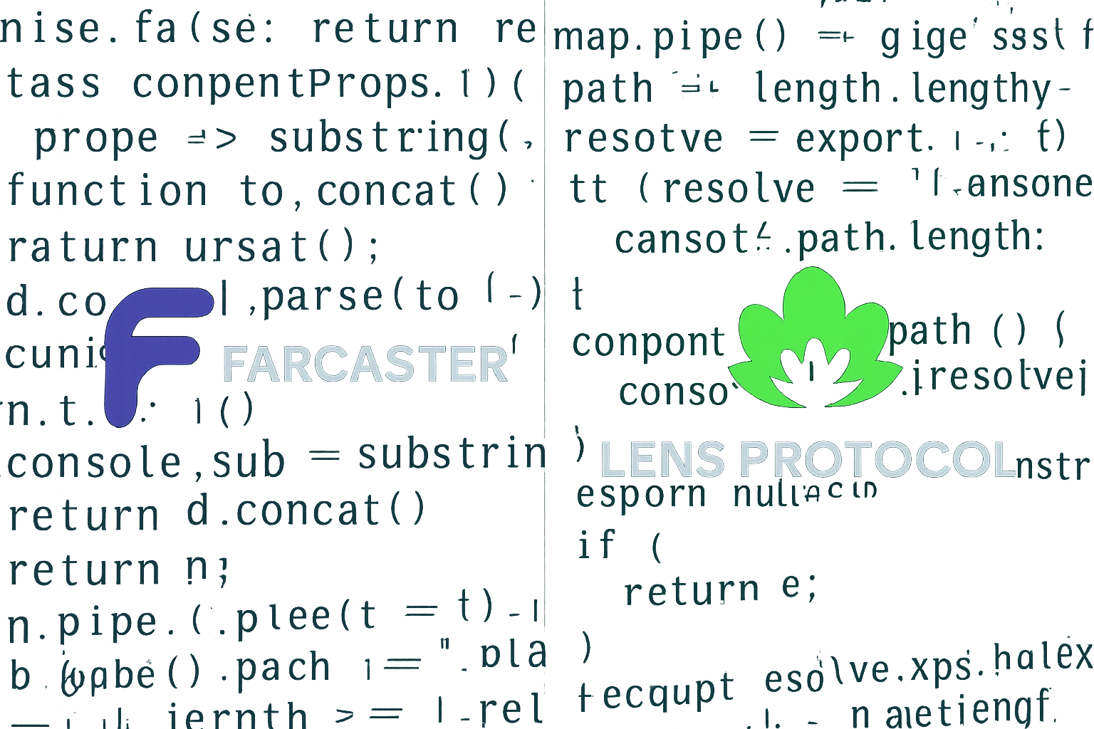 Split-screen graphic featuring Farcaster and Lens Protocol logos with code snippets in the background, illustrating a comparison for Web3 developers.