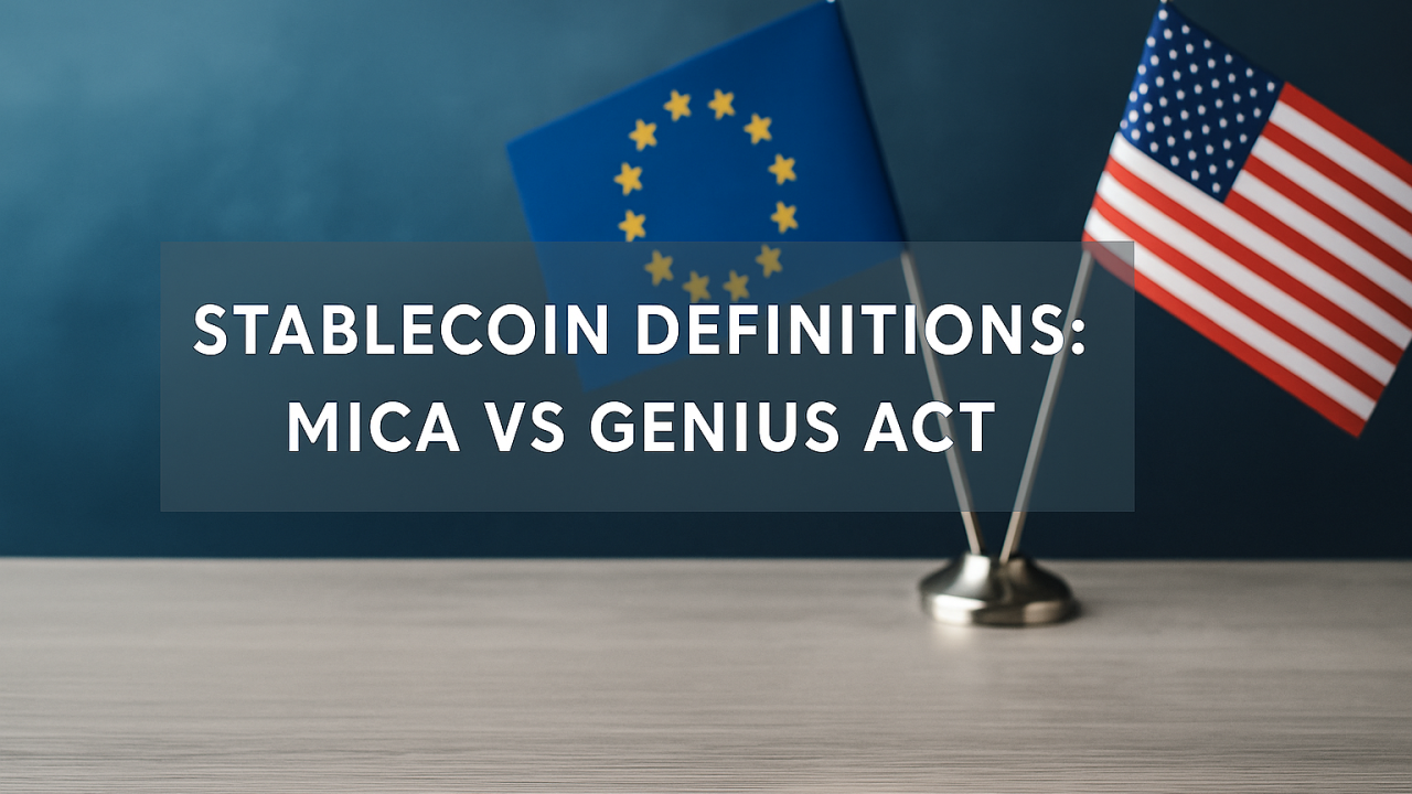 Split-screen infographic comparing GENIUS Act and MiCA stablecoin regulations in 2025, highlighting key differences in issuer eligibility, reserve requirements, and transaction limits.