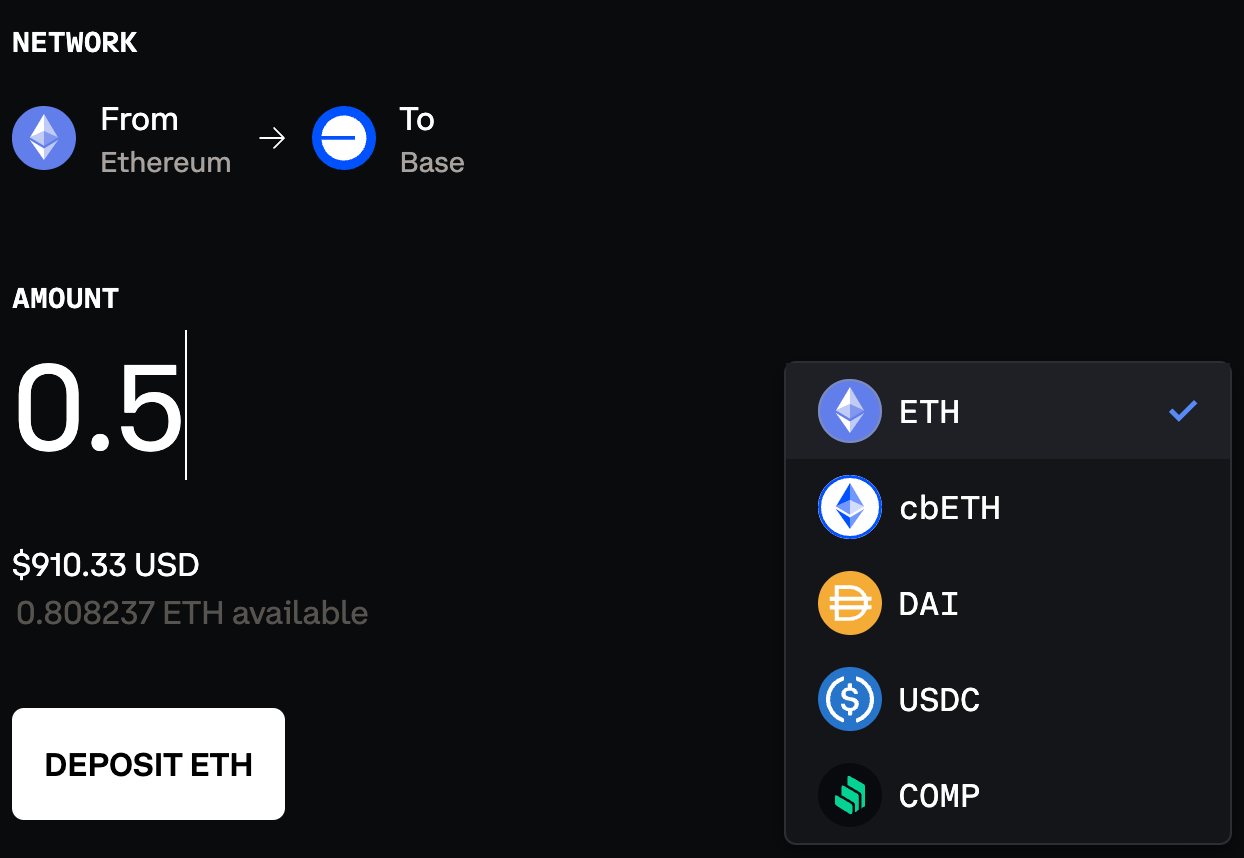 Step-by-step visual of bridging Ethereum (ETH) from Ethereum mainnet to Base chain using a crypto wallet interface