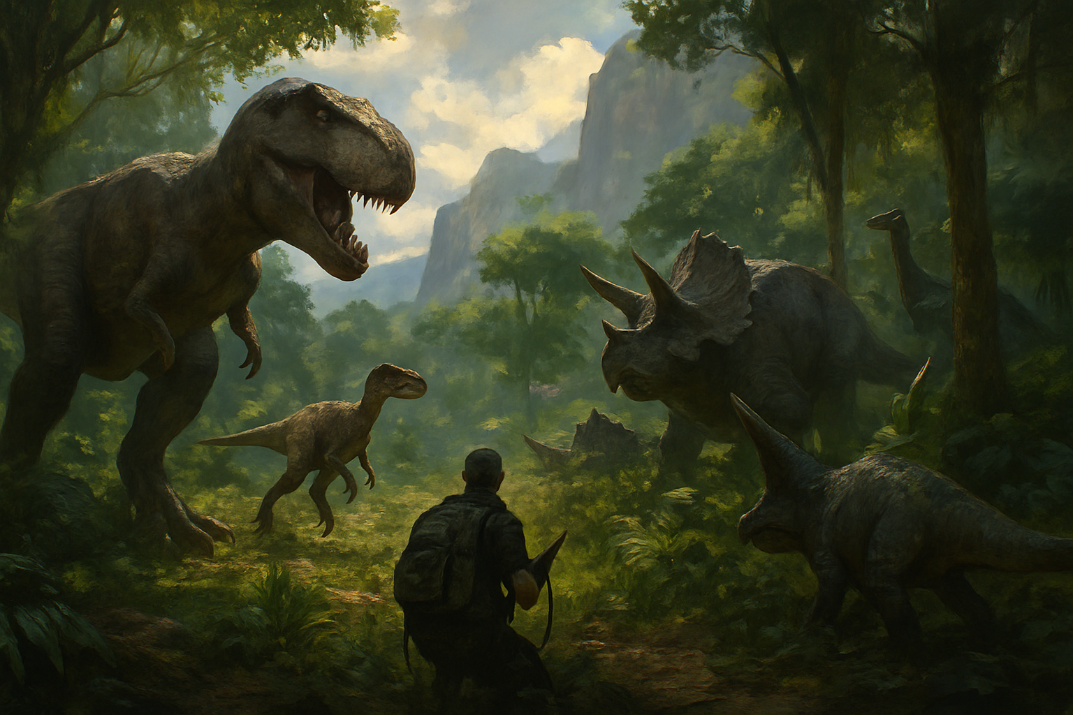 Prehistoric landscape featuring dinosaurs from top indie survival games releasing for PC in 2025, including Deathground, Path of Titans, The Lost Wild, Beasts of Bermuda, and Ferocious.