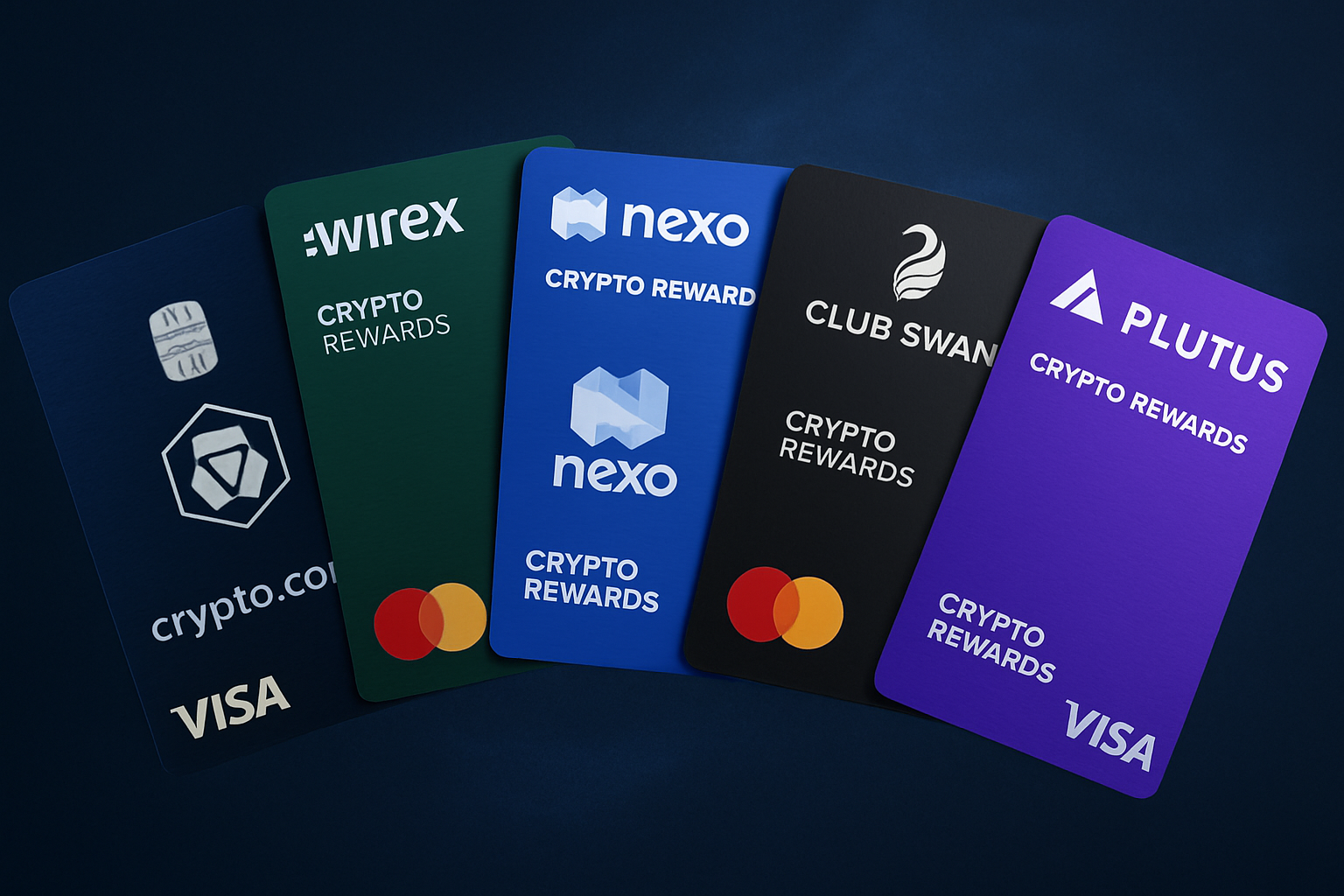 Top 5 crypto rewards cards for 2024—Crypto.com Visa, Wirex, Nexo, Club Swan, and Plutus—fanned out on a digital background, highlighting governance token rewards and DeFi participation.