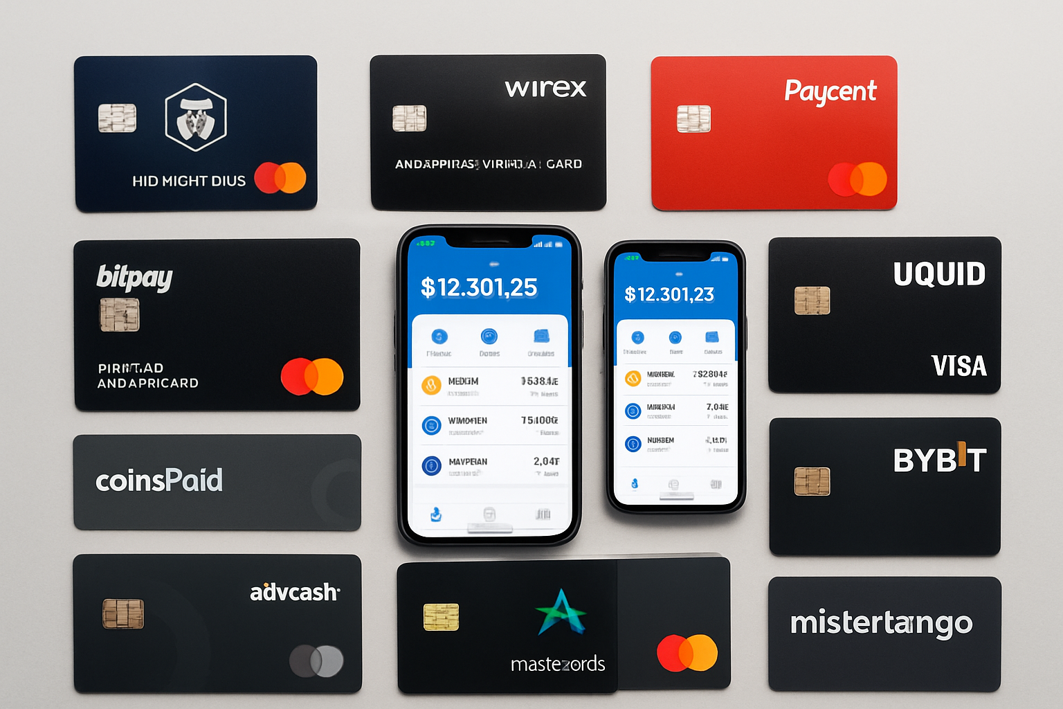 Flat lay of top no-KYC crypto credit cards for 2025 including Midnight Blue, Wirex Anonymous Virtual Card, Paycent, Bitpay Prepaid Mastercard, SpectroCoin, Uquid, CoinsPaid, Advcash, Bybit, and Mistertango, alongside smartphones displaying crypto wallet apps.