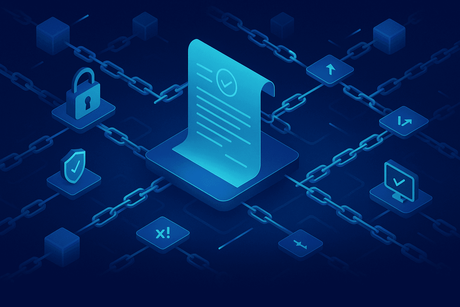 Stylized blockchain ledger graphic showing automated settlement flows between insurers and reinsurers using smart contracts
