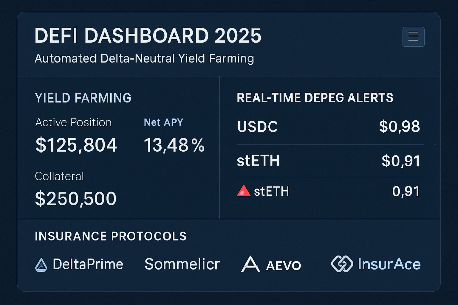 DeFi dashboard interface in 2025 displaying automated delta-neutral yield farming positions, real-time stablecoin depeg alerts, and integrated protocol insurance notifications, featuring protocols like DeltaPrime, Sommelier, Lyra, Aevo, Nexus Mutual, and InsurAce.