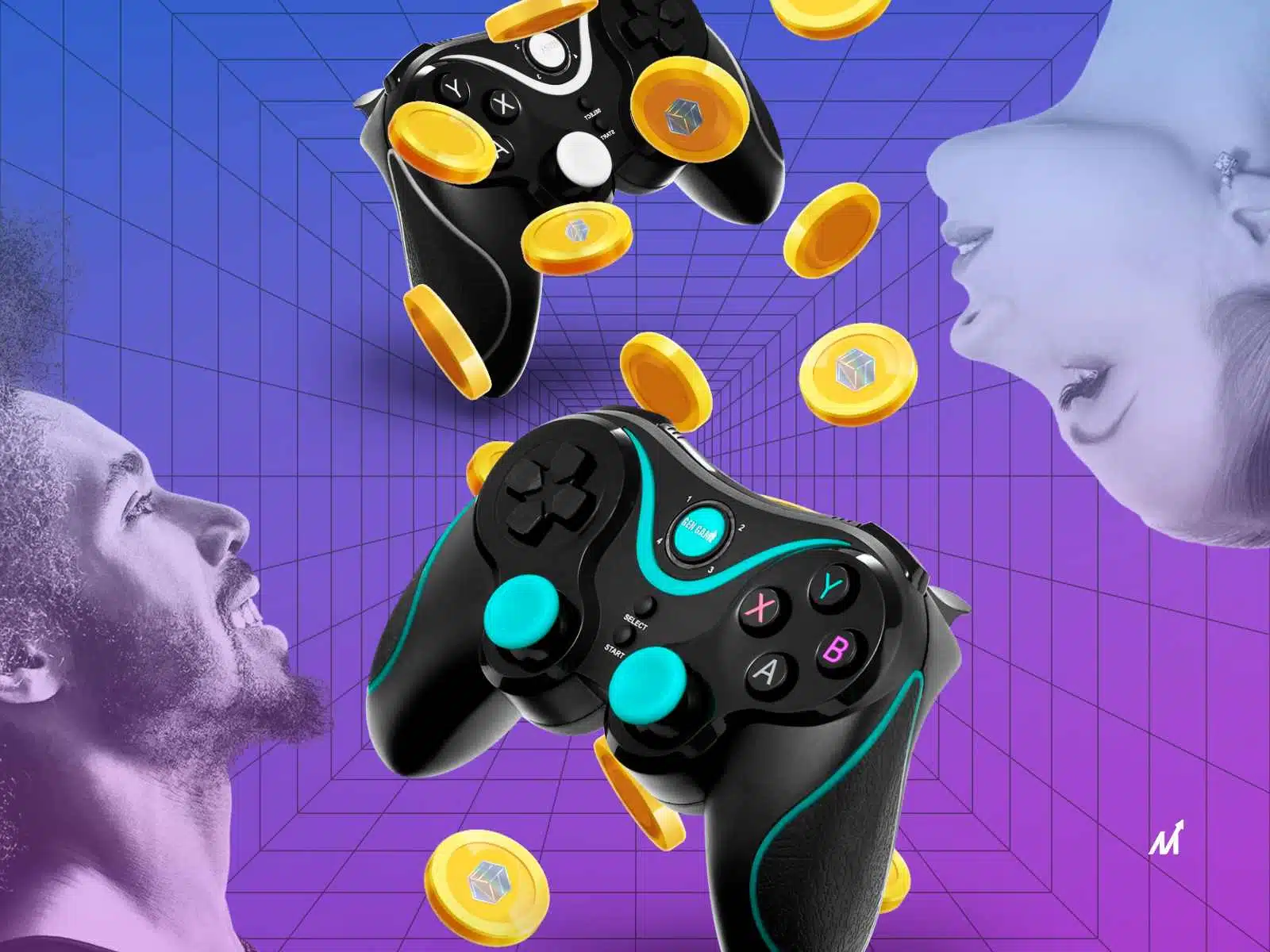 Stylized digital illustration of evolving NFT game assets, featuring weapons and avatars upgrading across multiple blockchain games, representing interoperability and player ownership.