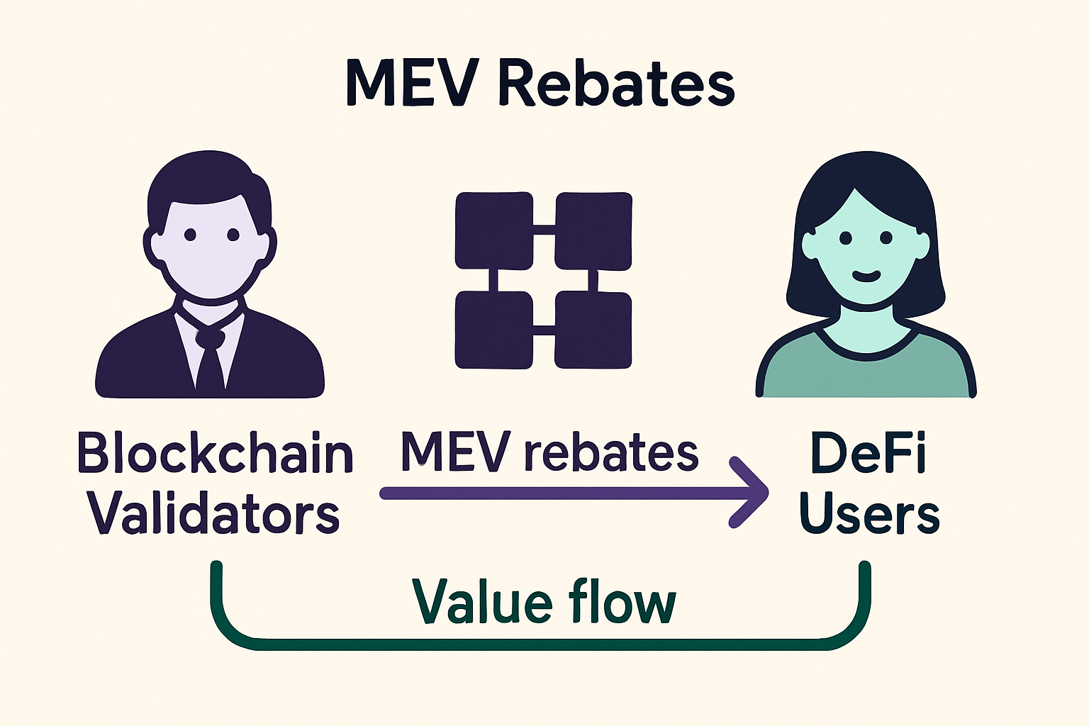 Stylized illustration of MEV rebates flowing from blockchain validators to DeFi users, symbolizing value redistribution in decentralized finance.