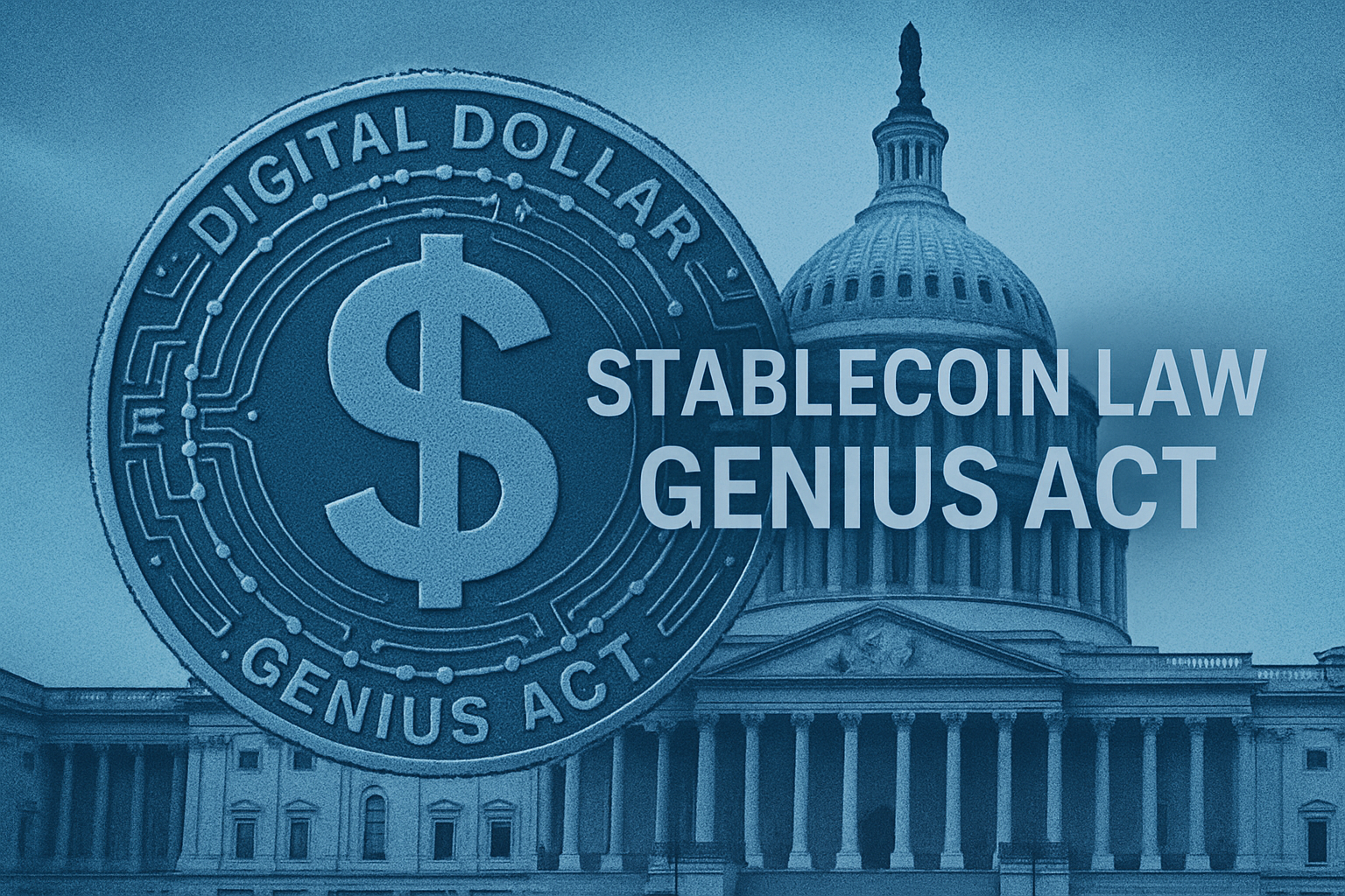 Stylized digital dollar coin overlaying the U.S. Capitol building, symbolizing the GENIUS Act's federal regulation of stablecoins in 2025