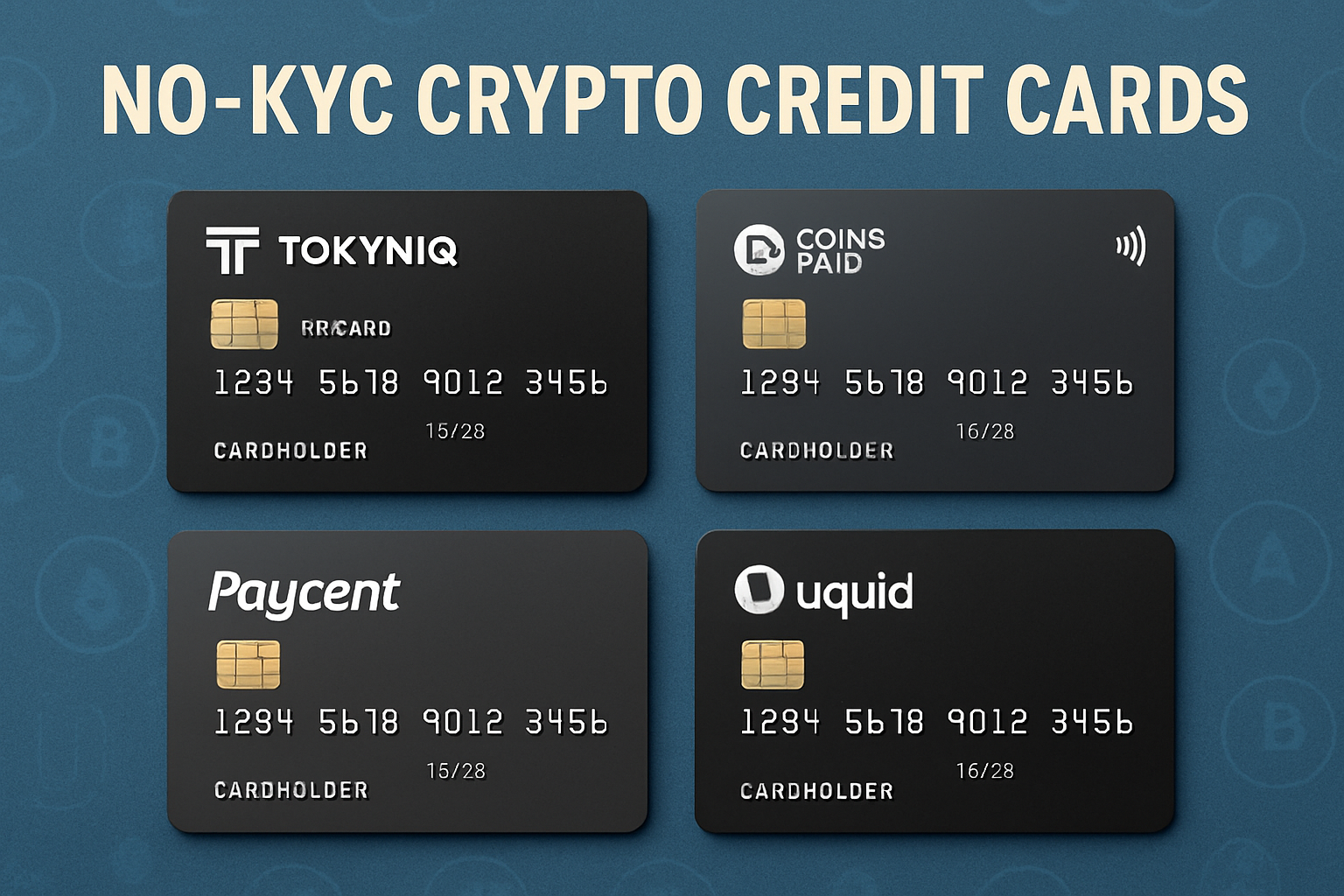 Stylized display of top no-KYC crypto credit cards for anonymous online shopping in 2024, featuring Tokyniq, BitCard, CoinsPaid, Paycent, and Uquid with digital assets like Bitcoin and Ethereum in the background.