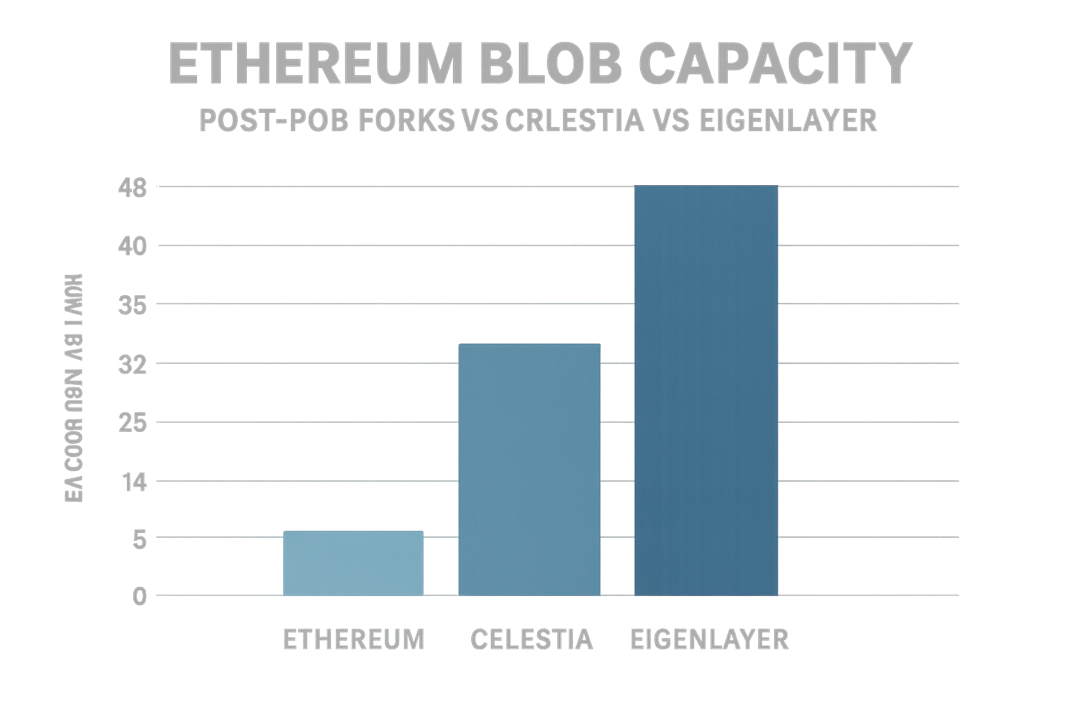 Stylized infographic comparing Ethereum blob capacity growth after BPO forks with Celestia and EigenLayer data availability solutions
