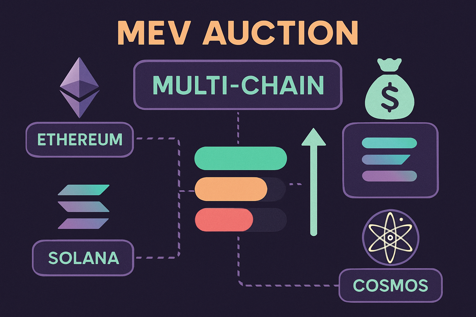 Stylized visualization of MEV auction activity across Ethereum, Solana, and Cosmos blockchains, illustrating interconnected blockchain networks and digital auction dynamics for DeFi traders.