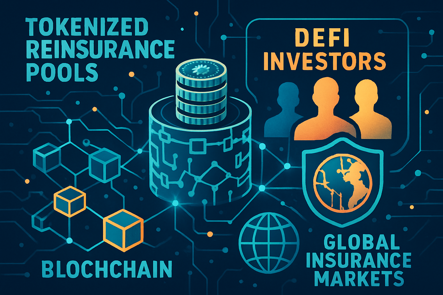 Stylized visualization of tokenized reinsurance pools bridging DeFi investors and global insurance markets via blockchain technology