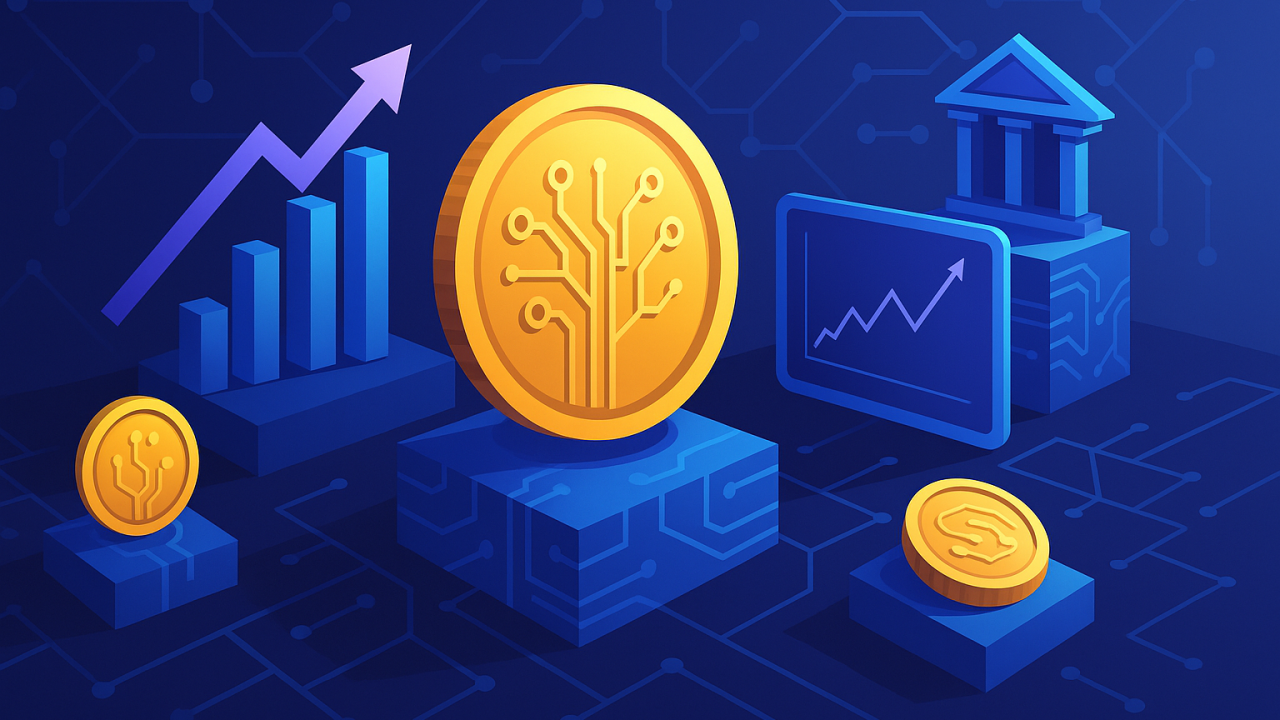 Stylized visualization of tokenized U.S. Treasuries moving across digital blockchain ledgers and used as collateral in global financial markets, representing the integration of traditional finance and DeFi in 2025.