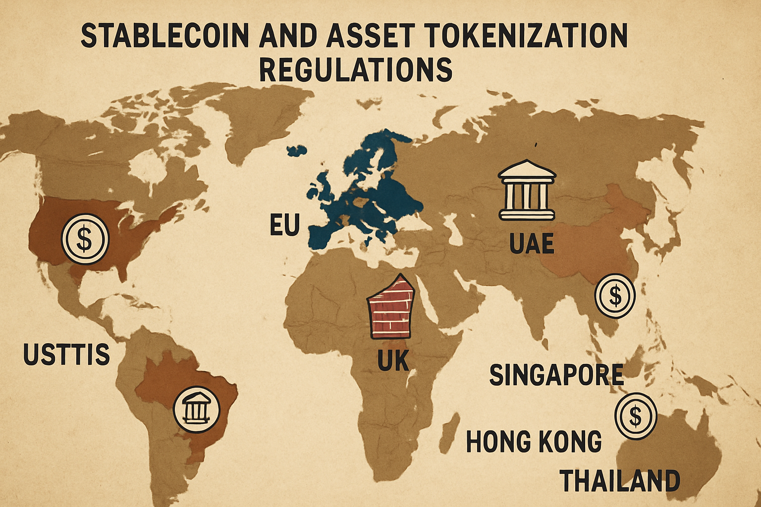 Stylized world map highlighting United States, European Union, United Kingdom, United Arab Emirates, and major Asian financial centers for stablecoin and asset tokenization regulations in 2025