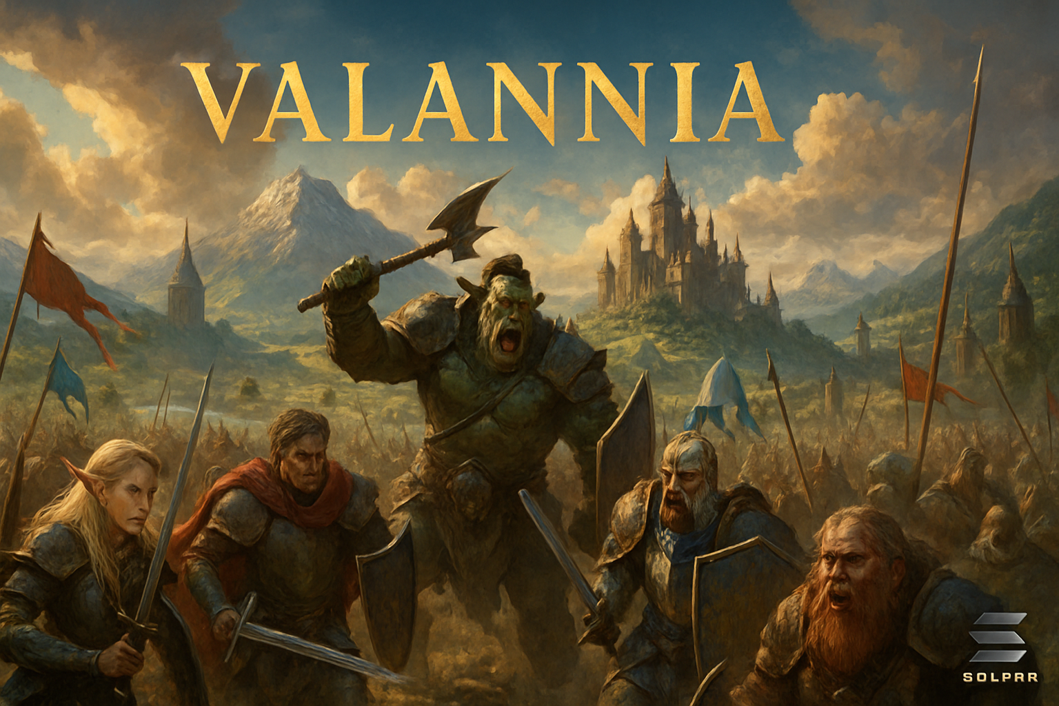 Sweeping view of Valannia's medieval fantasy landscape featuring diverse races and epic large-scale battles in a Solana blockchain MMO game