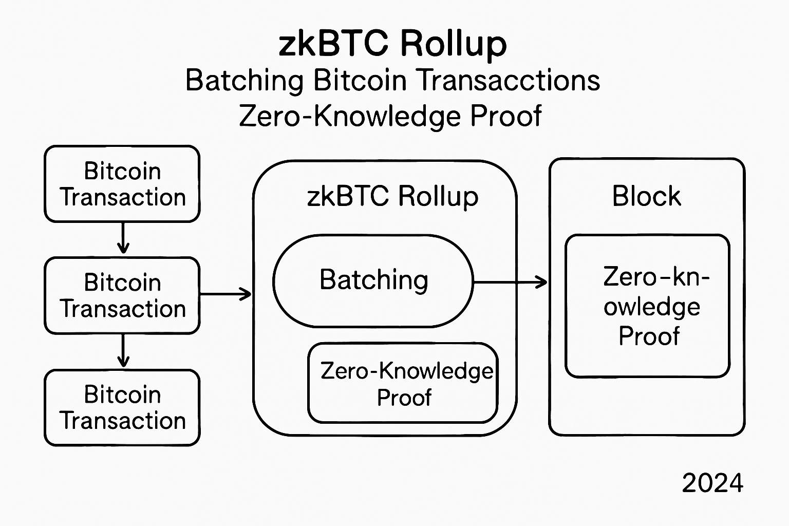 Technical diagram showing zkBTC rollup batching Bitcoin transactions and generating zero-knowledge proofs for scalability in 2024