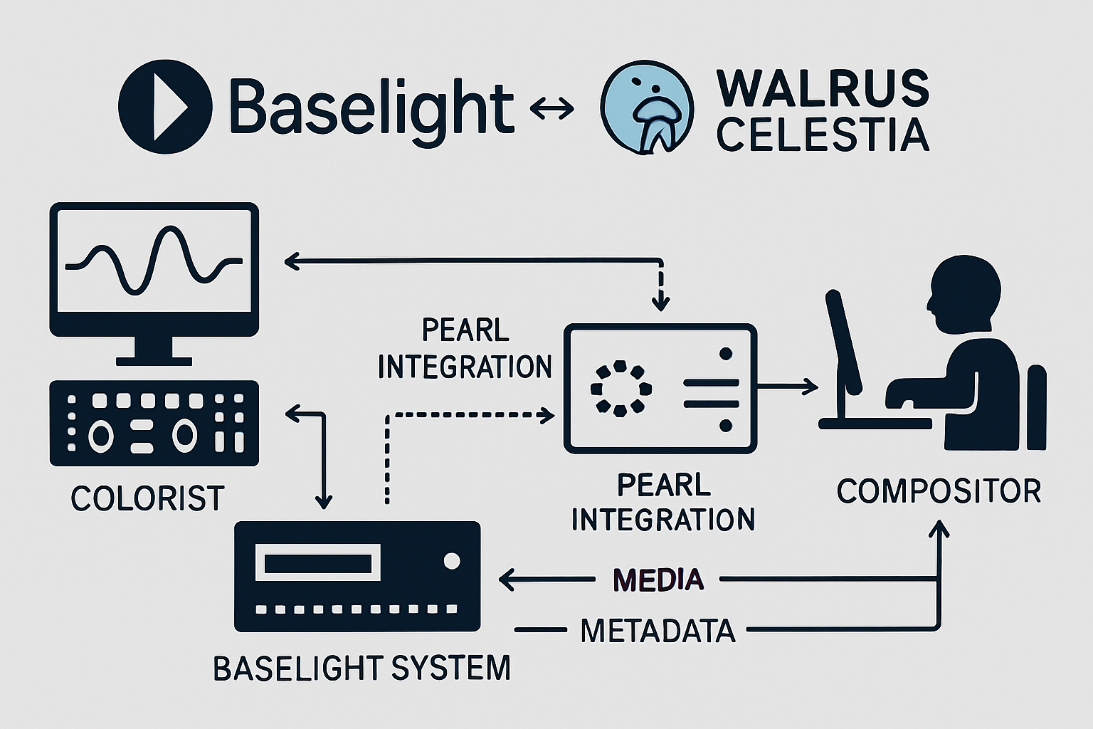 Technical diagram illustrating the integration pipeline between Baselight, Walrus Protocol, and Celestia for transforming onchain data blobs into structured, queryable datasets.
