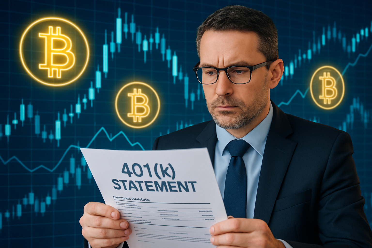 Thoughtful investor reviewing 401(k) statement with Bitcoin symbols and digital financial charts in the background, representing retirement planning with cryptocurrency.