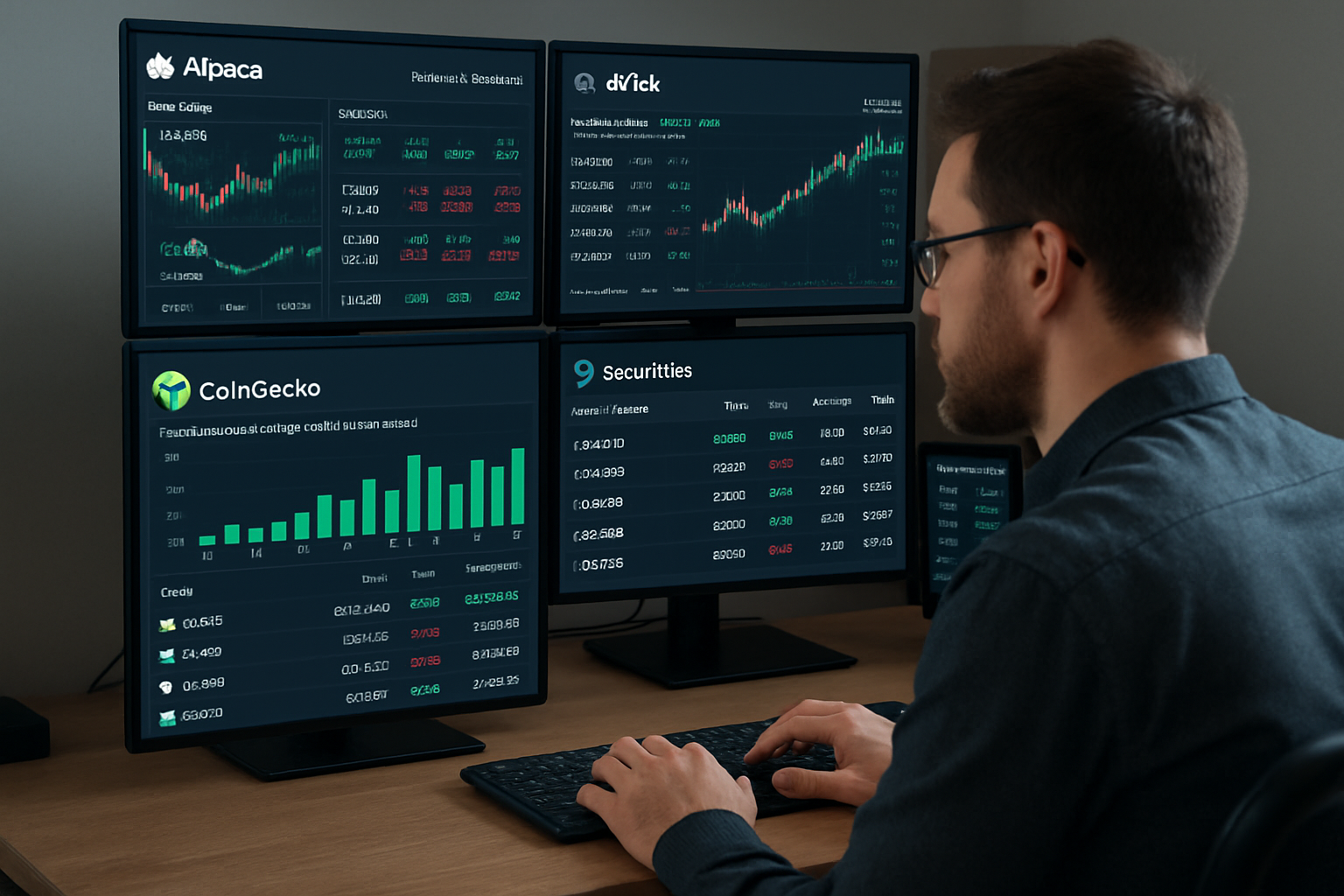 Trader at desk analyzing real-time tokenized commodity prices using Alpaca, AllTick, dxFeed, CoinGecko, and Securitize platforms on multiple monitors
