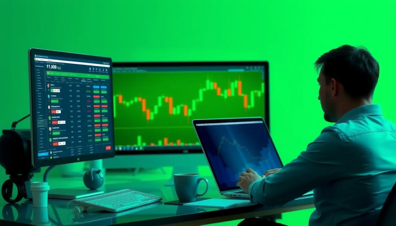 Crypto day trader at a modern workstation monitoring multiple screens with real-time data APIs, trading tools, and algorithmic dashboards, representing actionable strategies and essential tools for day trading success in 2025.
