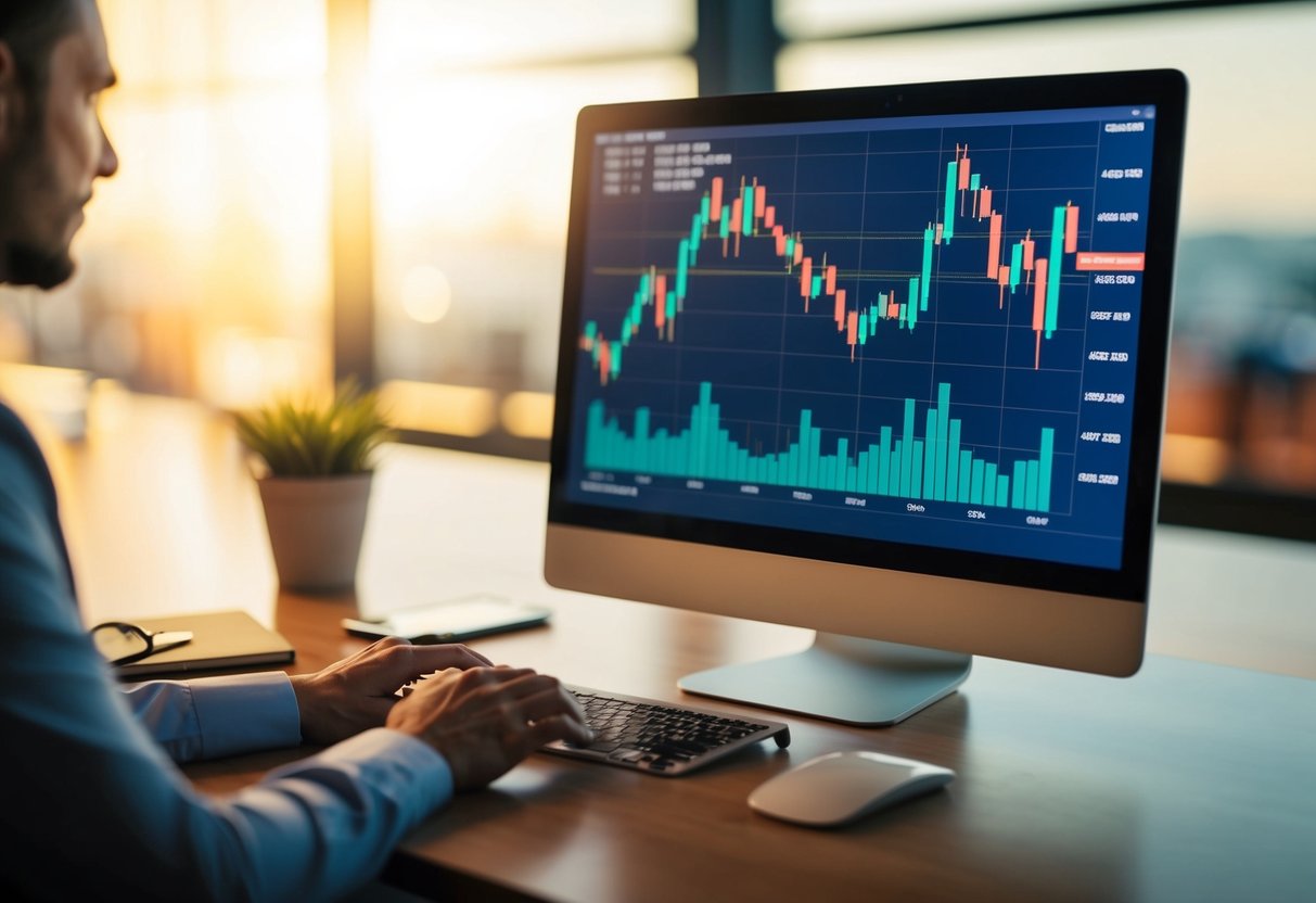 Trader at a modern workstation monitoring multiple screens with dynamic crypto stock charts, representing high volatility and advanced trading strategies in 2024.