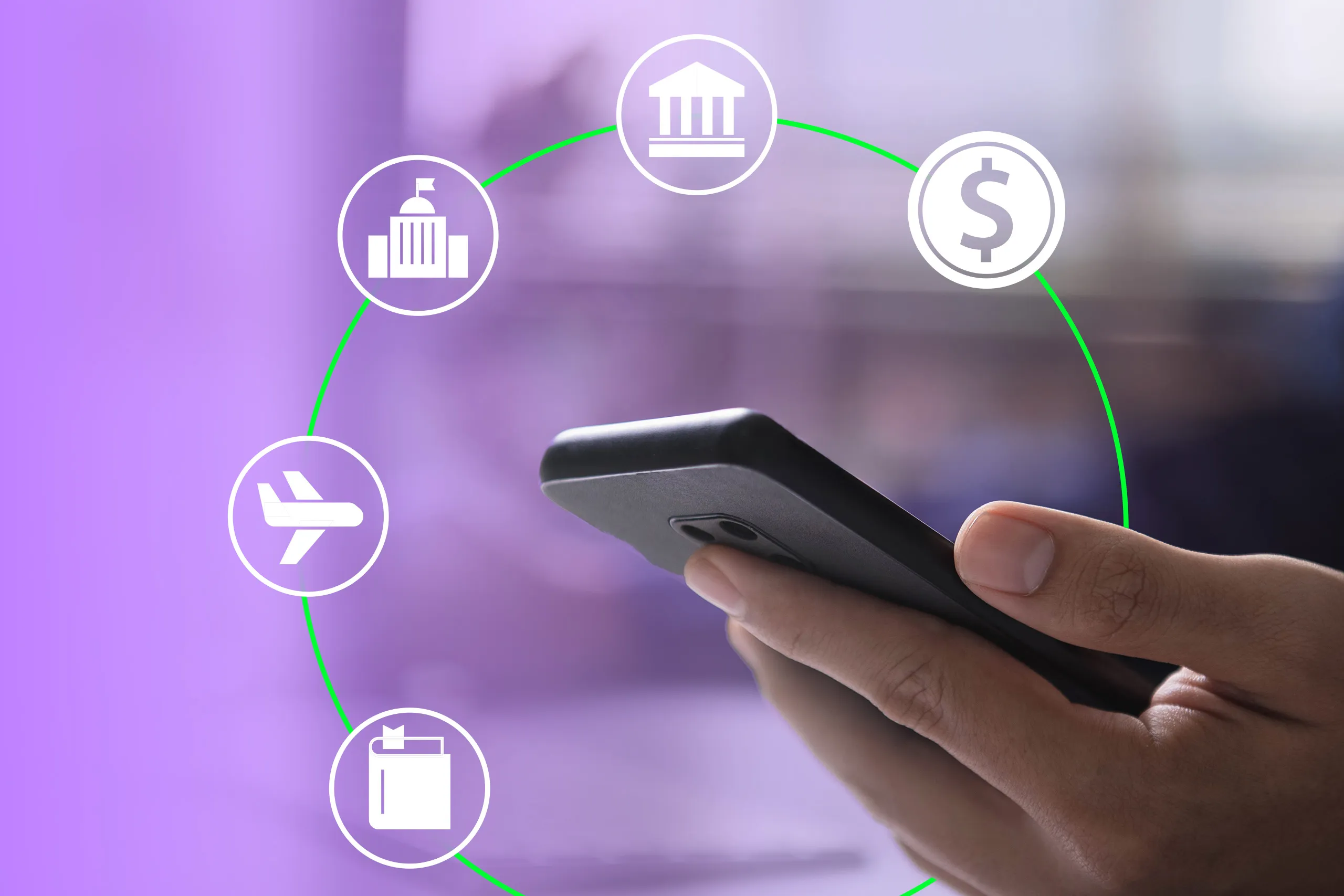 User holding smartphone with decentralized identity wallet interface, surrounded by DeFi and stablecoin icons, illustrating seamless digital finance access