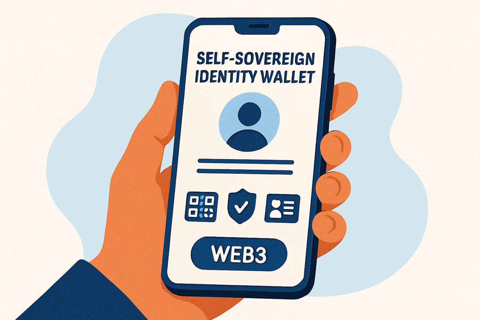 User managing a self-sovereign identity wallet on a smartphone, showcasing decentralized control and privacy in Web3.