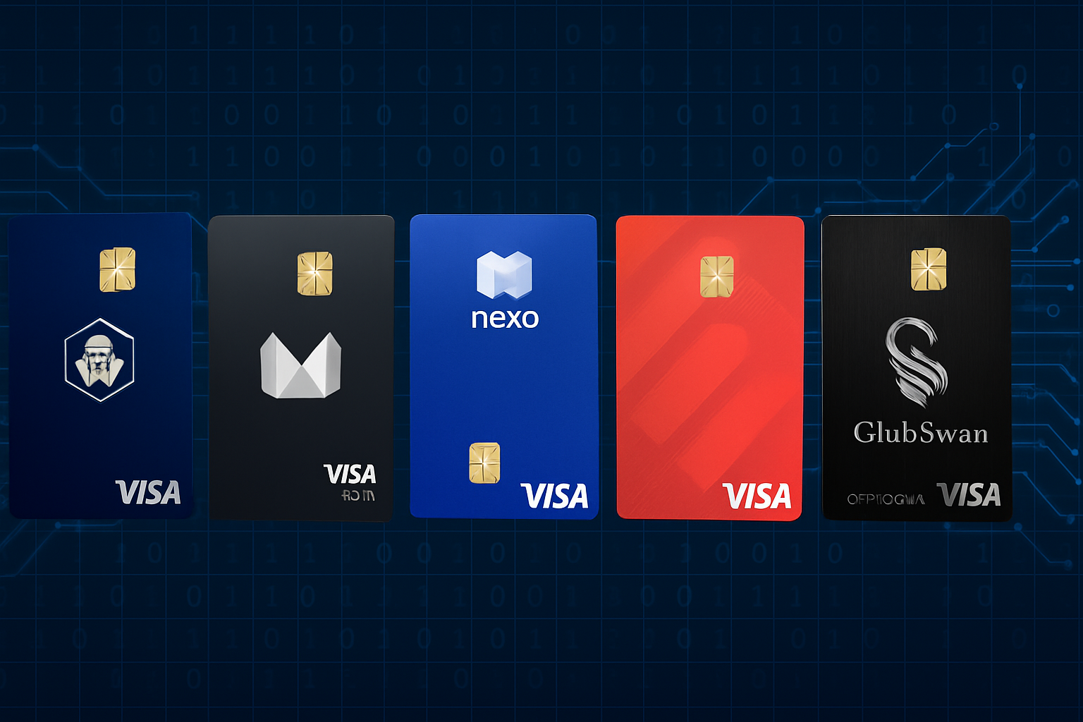 Top 5 crypto rewards cards for 2024 including Crypto.com Visa, Monolith Visa Debit, Nexo Card, Swipe SXP Visa, and ClubSwan Crypto Card displayed on a digital background representing governance token rewards.
