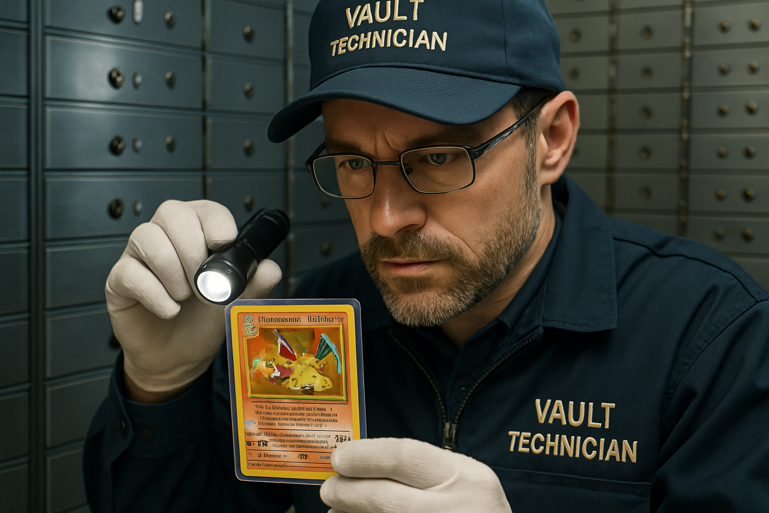Vault technician inspecting a rare Charizard Pokémon card for blockchain tokenization in 2025