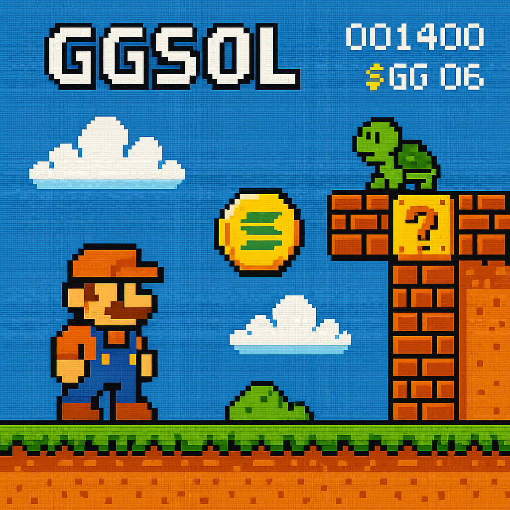 8-bit GGSOL gameplay screenshot featuring retro pixel art characters and $GG coin icons on Solana