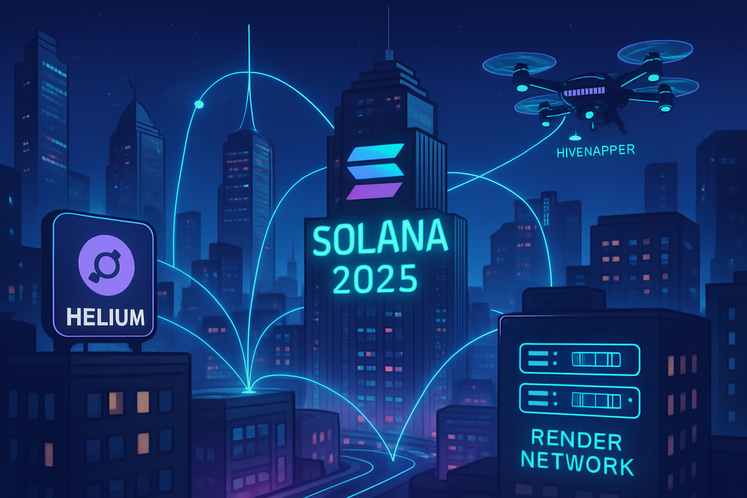Solana DePIN projects in 2025: cityscape with wireless nodes, mapping drones, and GPU servers connected by glowing lines, representing Helium Network, Hivemapper, and Render Network