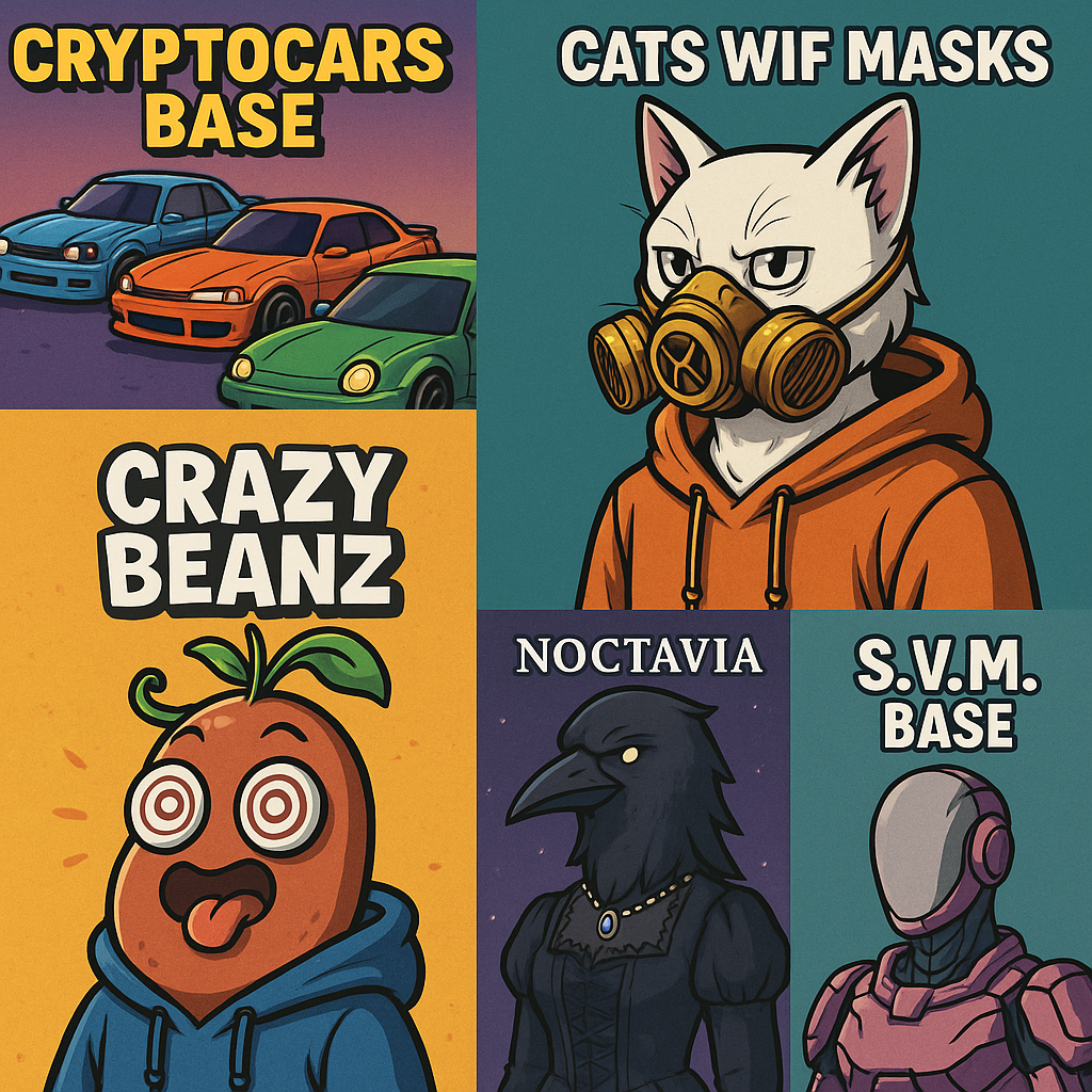Collage of NFT artwork from CryptoCars (Base), Cats Wif Masks, Noctavia, Crazy Beanz, and S.V.M. (Base) upcoming projects on Base chain, showcasing vibrant and unique digital art styles for a 2025 NFT launch article.