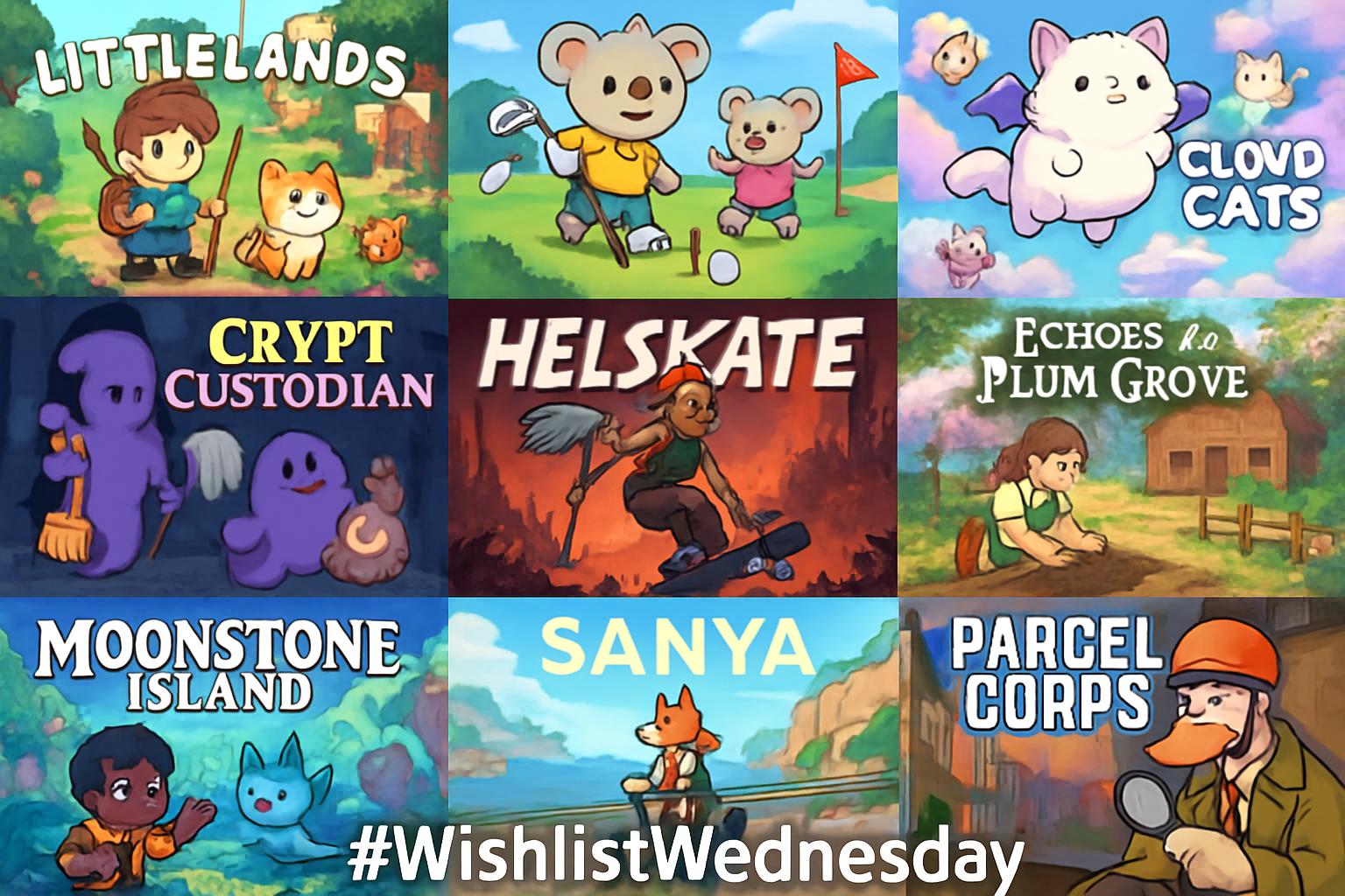 Collage of key art from indie games Littlelands, Koala Kids Golf, Cloud Cats, Crypt Custodian, Helskate, Echoes of the Plum Grove, Moonstone Island, Sanya, Parcel Corps, and Duck Detective: The Secret Salami featured on #WishlistWednesday.