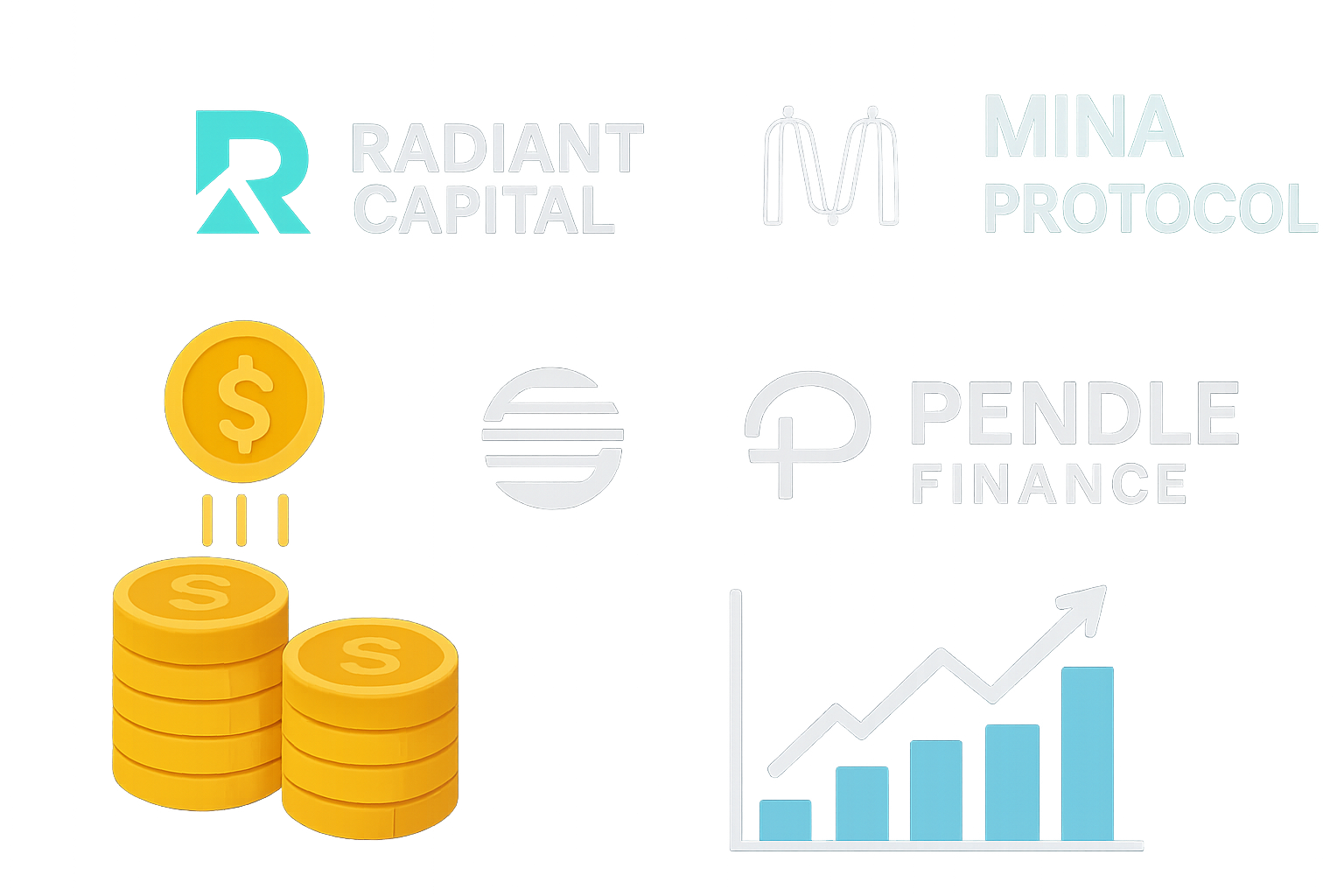 Collage of Radiant Capital, Gala, Mina Protocol, Stargate Finance, and Pendle Finance logos with staking coins and upward-trending DeFi charts