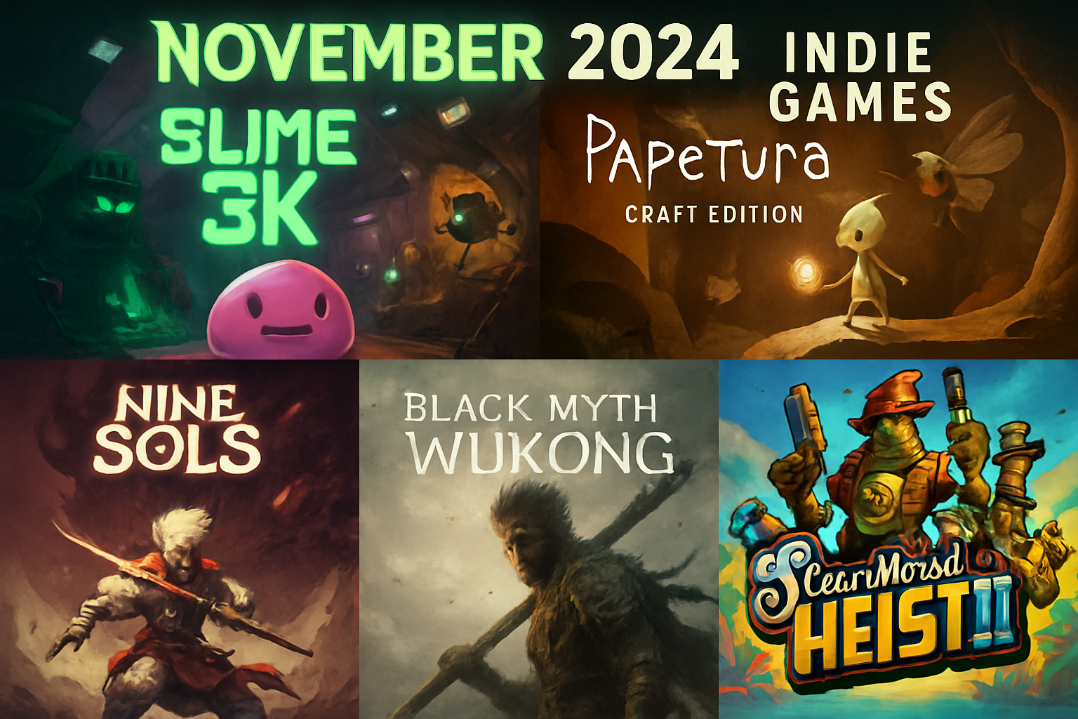 Collage of top upcoming indie games on Steam for November 2024, featuring titles like Slime 3K: Rise Against Despot, Papetura Craft Edition, Nine Sols, Black Myth: Wukong, and SteamWorld Heist II, showcasing diverse art styles and gameplay genres.