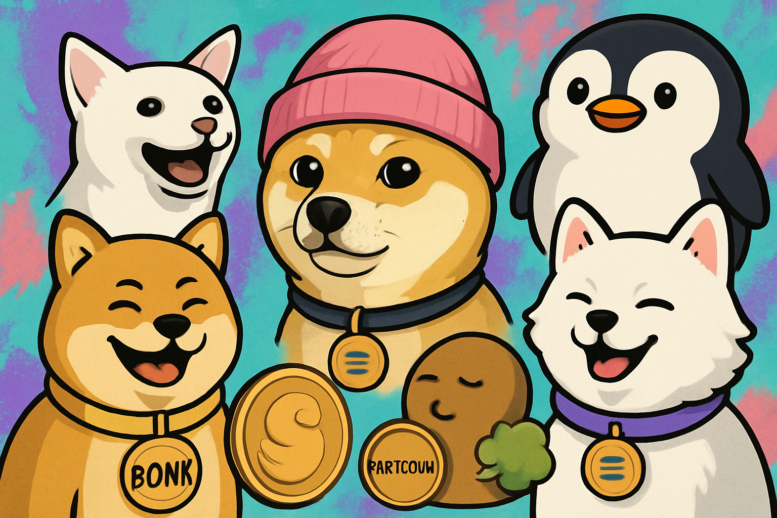 Vibrant digital collage of Solana meme coin mascots: Dogwifhat, Bonk, Popcat, Pudgy Penguins, Fartcoin, and Samoyedcoin, representing top Solana meme coins to watch in 2025.