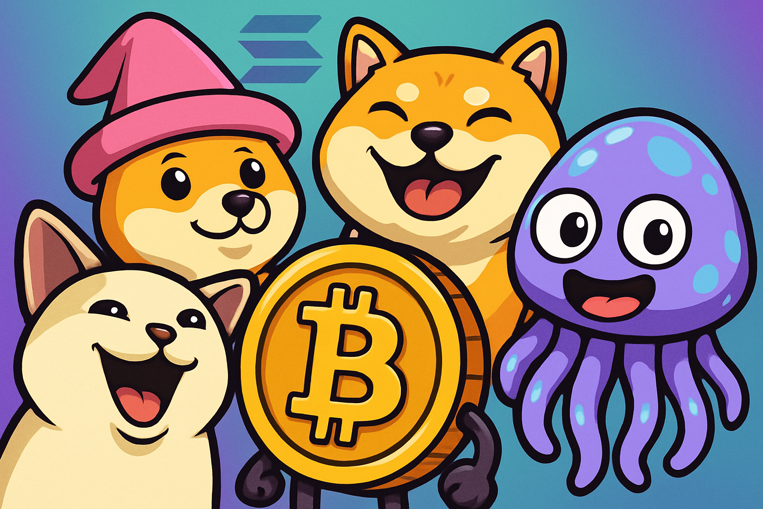 Collage of top Solana memecoin mascots for 2025: Dogwifhat (Shiba Inu with a hat), Bonk (playful dog), Popcat (internet cat meme), Bitcoin Hyper, and JellyJelly, representing vibrant crypto community favorites.