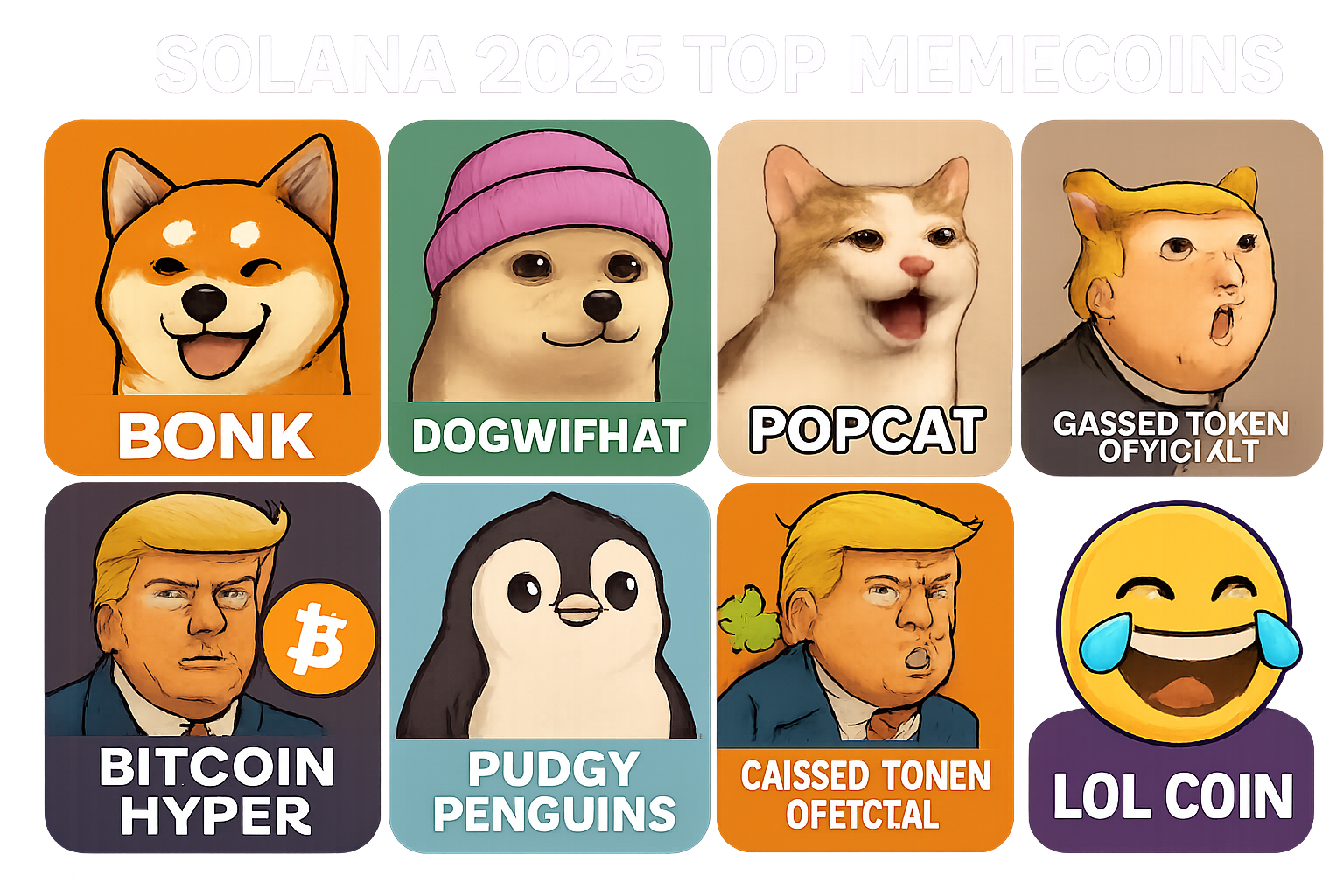 Collage featuring mascots of top Solana memecoins for 2025: Bonk, Dogwifhat, Popcat, Bitcoin Hyper, Pudgy Penguins, Gassed Token, Official Trump, Fartcoin, Whale Coin, and LOL Coin.